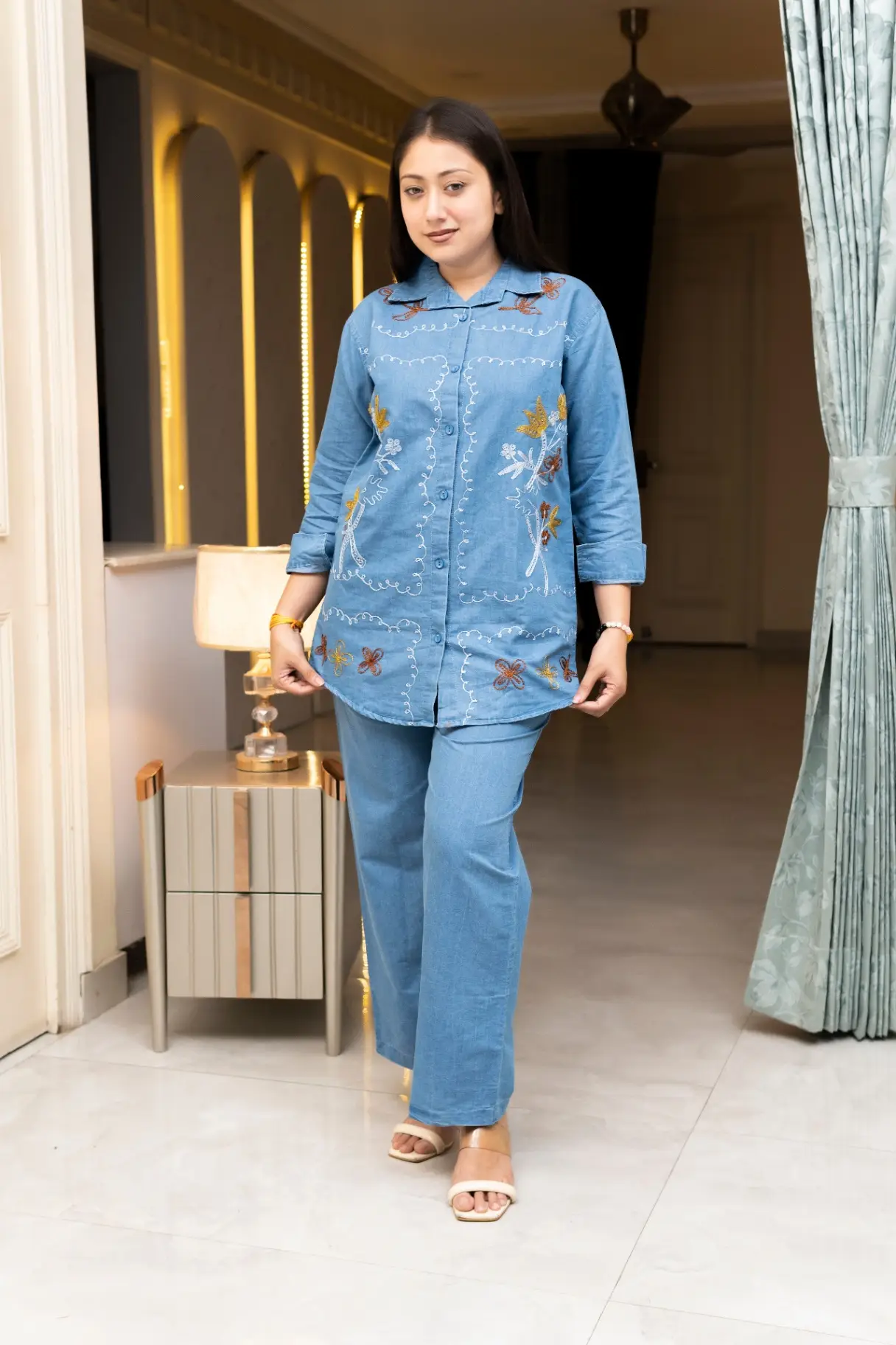 Denim Blue Floral Embroidered Shacket Co-Ord Set
