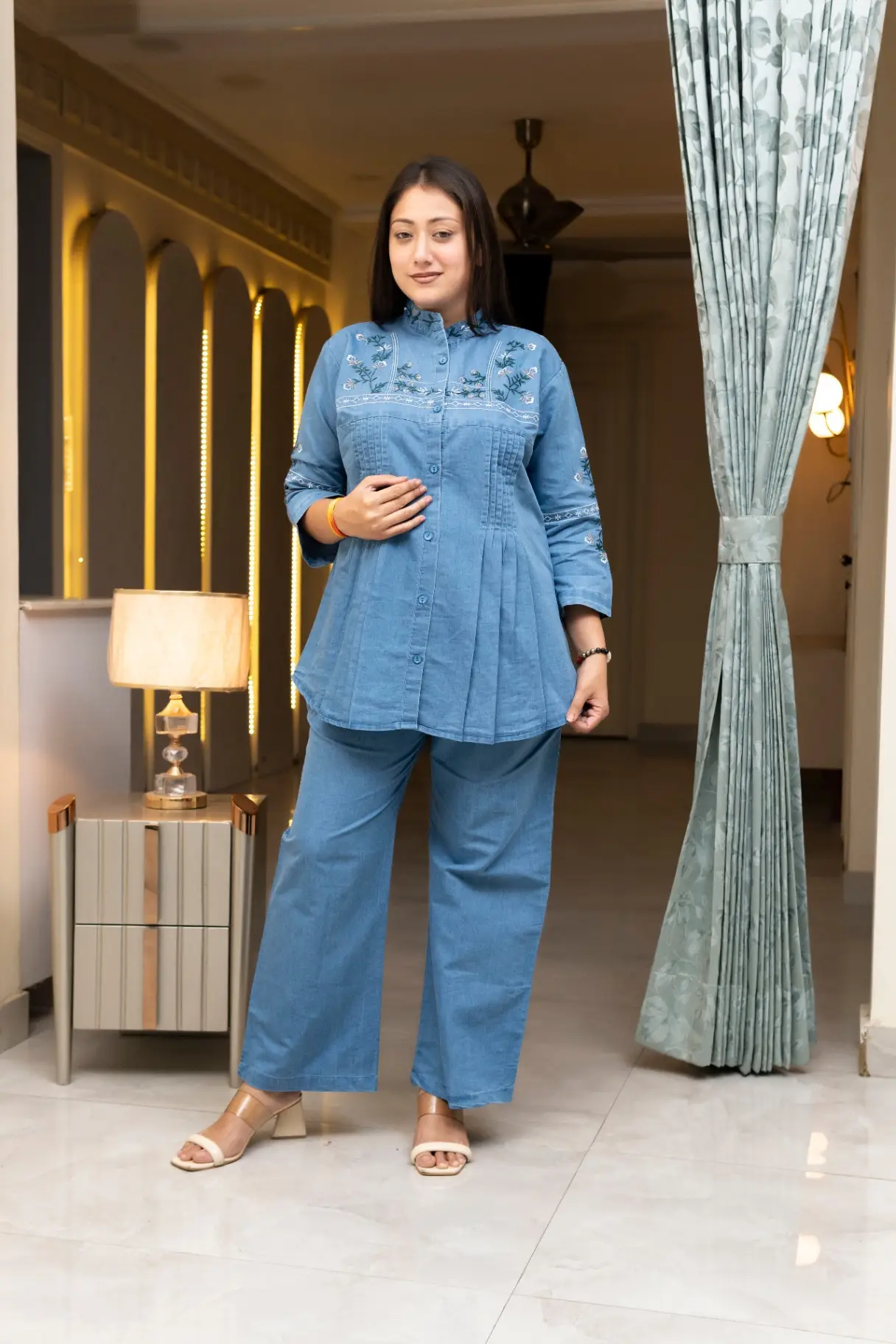 Denim Blue Pin-Tuck Peplum Co-Ord Set