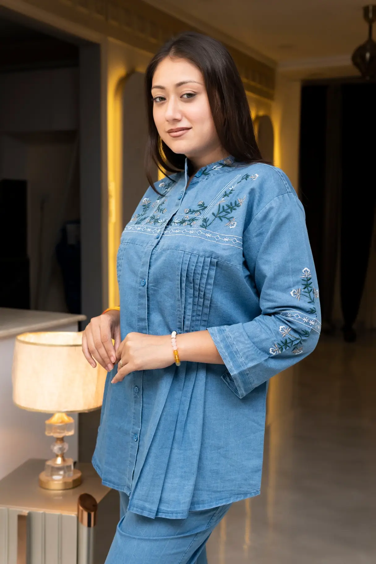 Denim Blue Pin-Tuck Peplum Co-Ord Set view 2