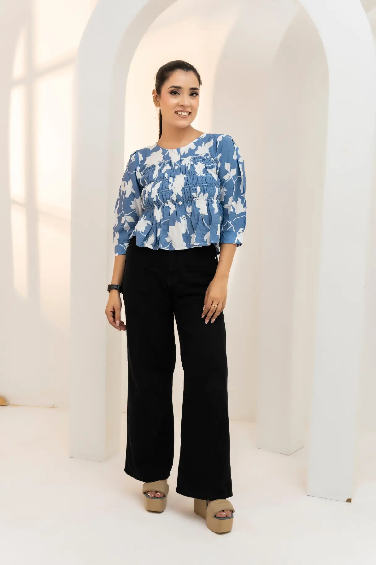 Cornflower Blue Floral Smocked Peplum Top
