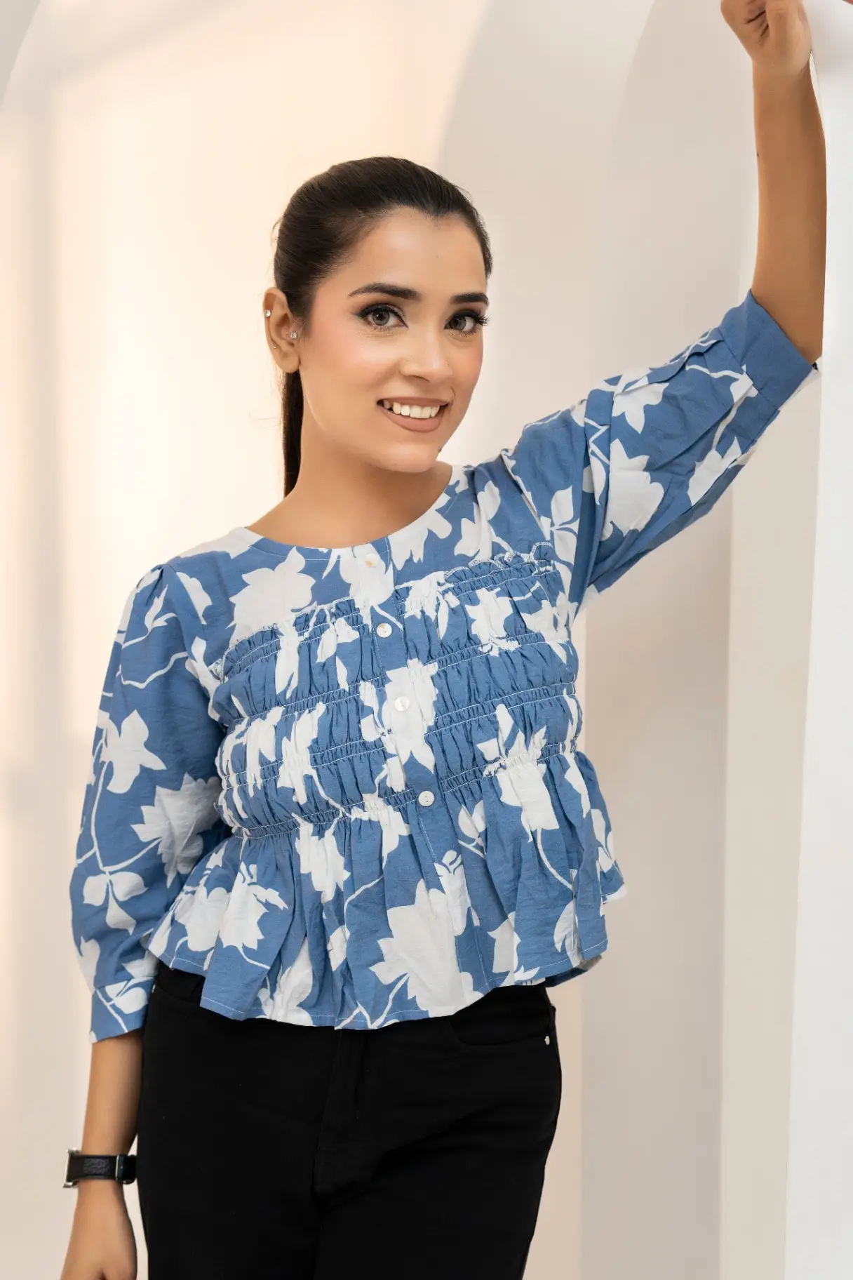 Cornflower Blue Floral Smocked Peplum Top view 2
