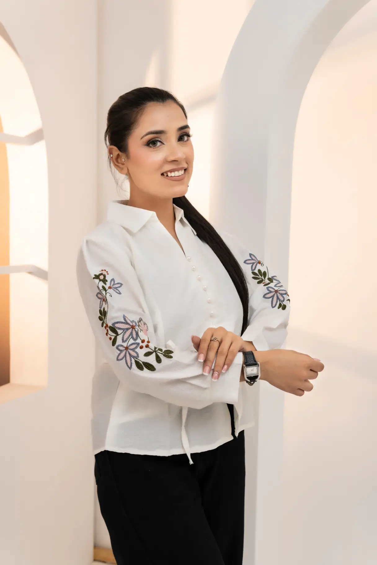 Off-White Collared Tunic Top with Floral Embroidery and Waist Tie