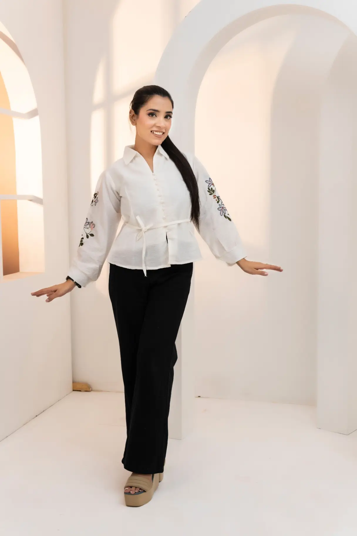 Off-White Collared Tunic Top with Floral Embroidery and Waist Tie view 2