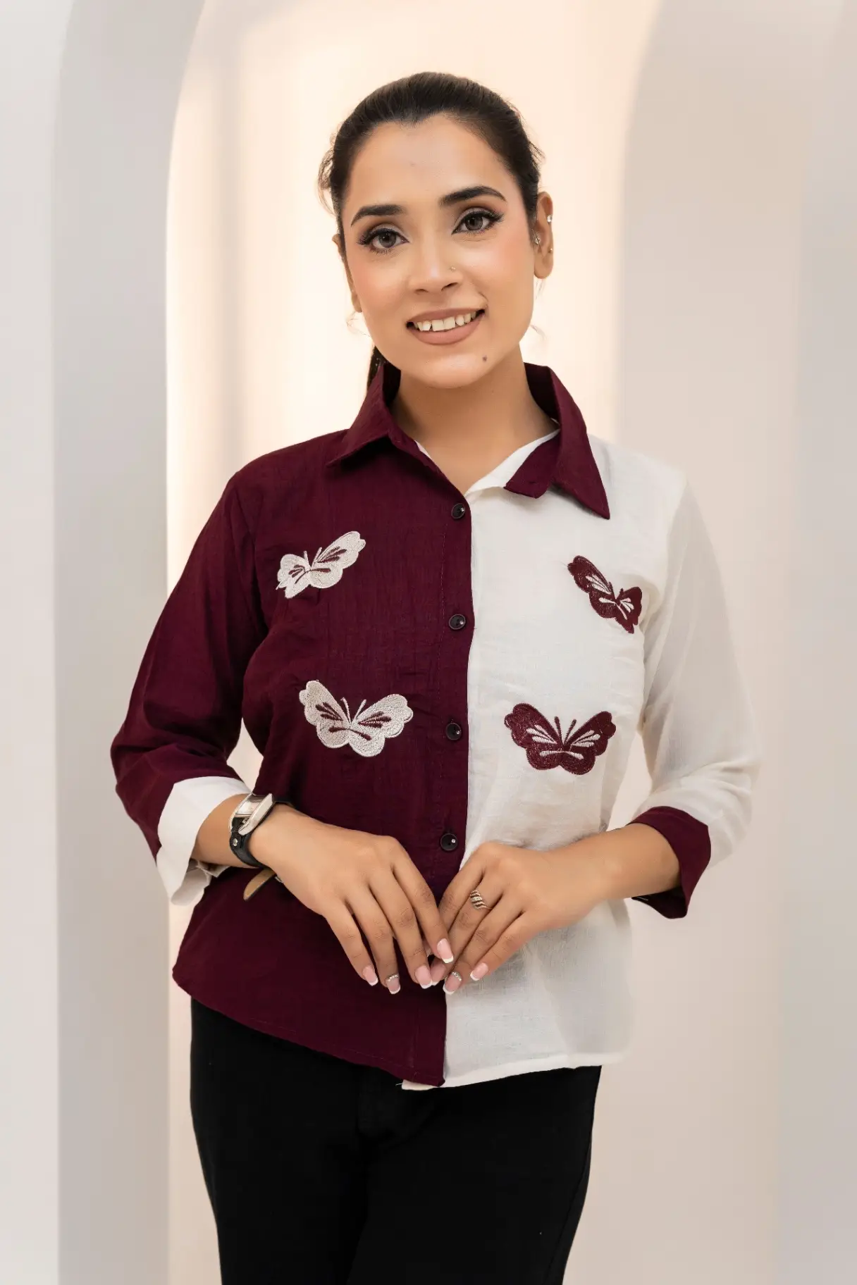Wine & Ivory Color-Blocked Butterfly Embroidered Shirt Top view 2