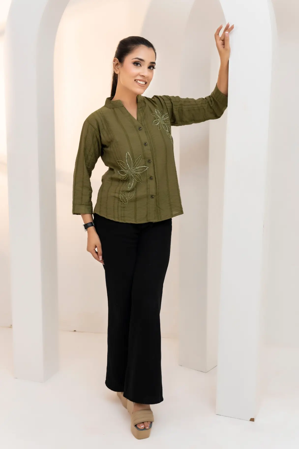 Olive Green Seersucker Floral Embroidered Shirt Top