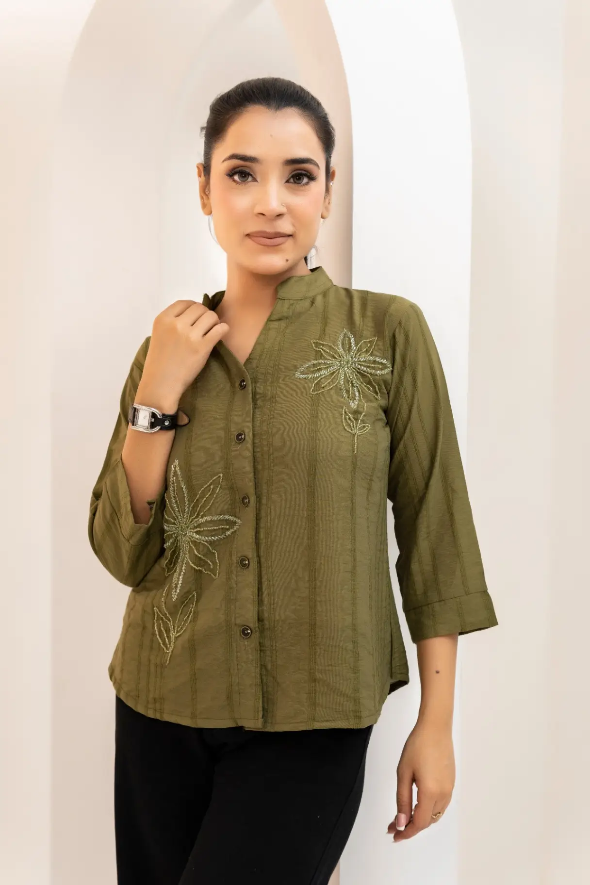 Olive Green Seersucker Floral Embroidered Shirt Top view 2