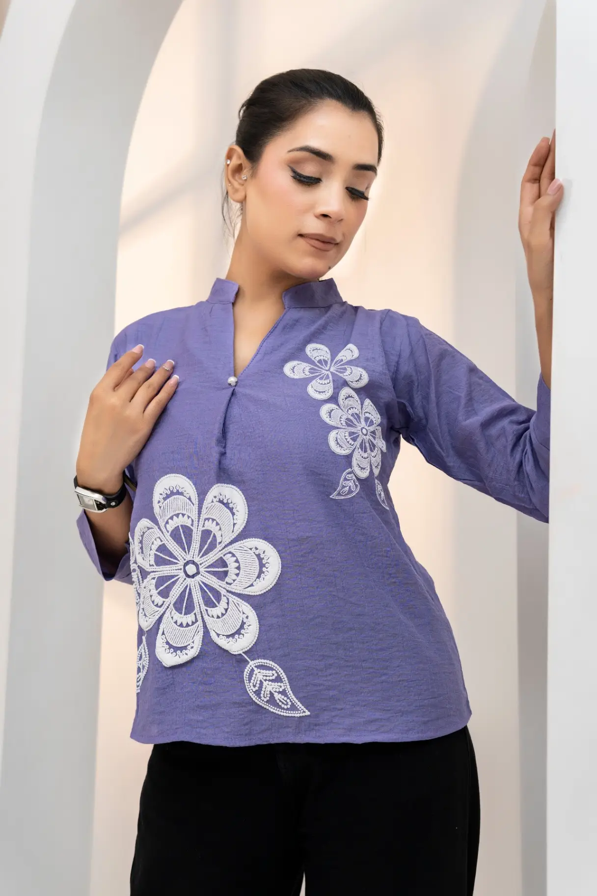 Lavender Blue Applique Floral Tunic Top view 2