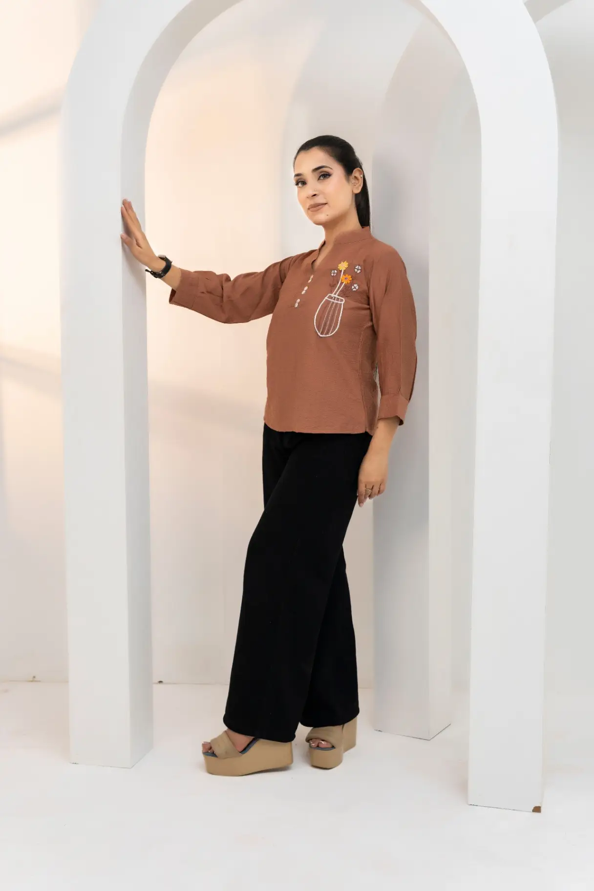 Terracotta Floral Vase Embroidered Tunic Top