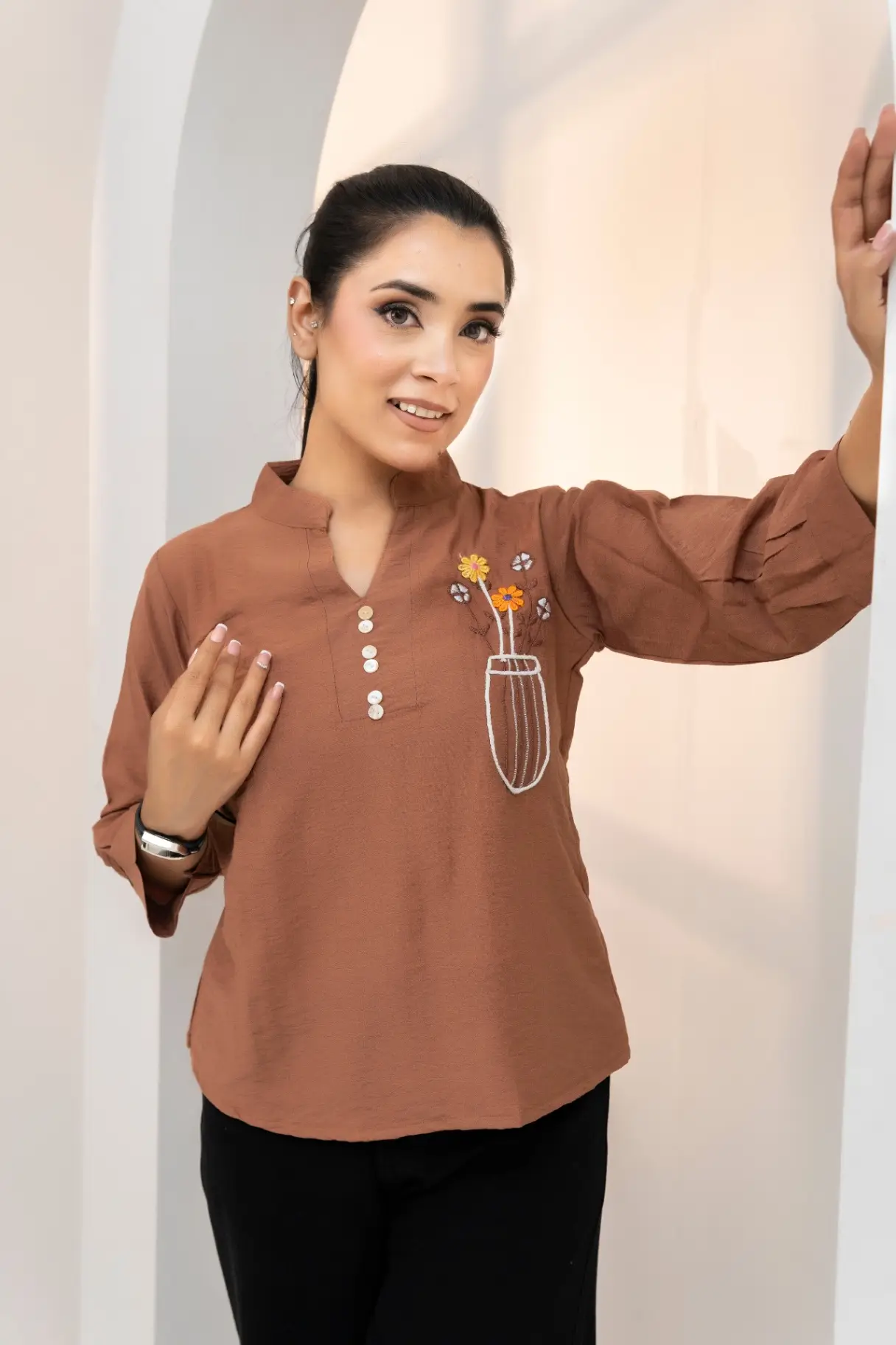 Terracotta Floral Vase Embroidered Tunic Top view 2