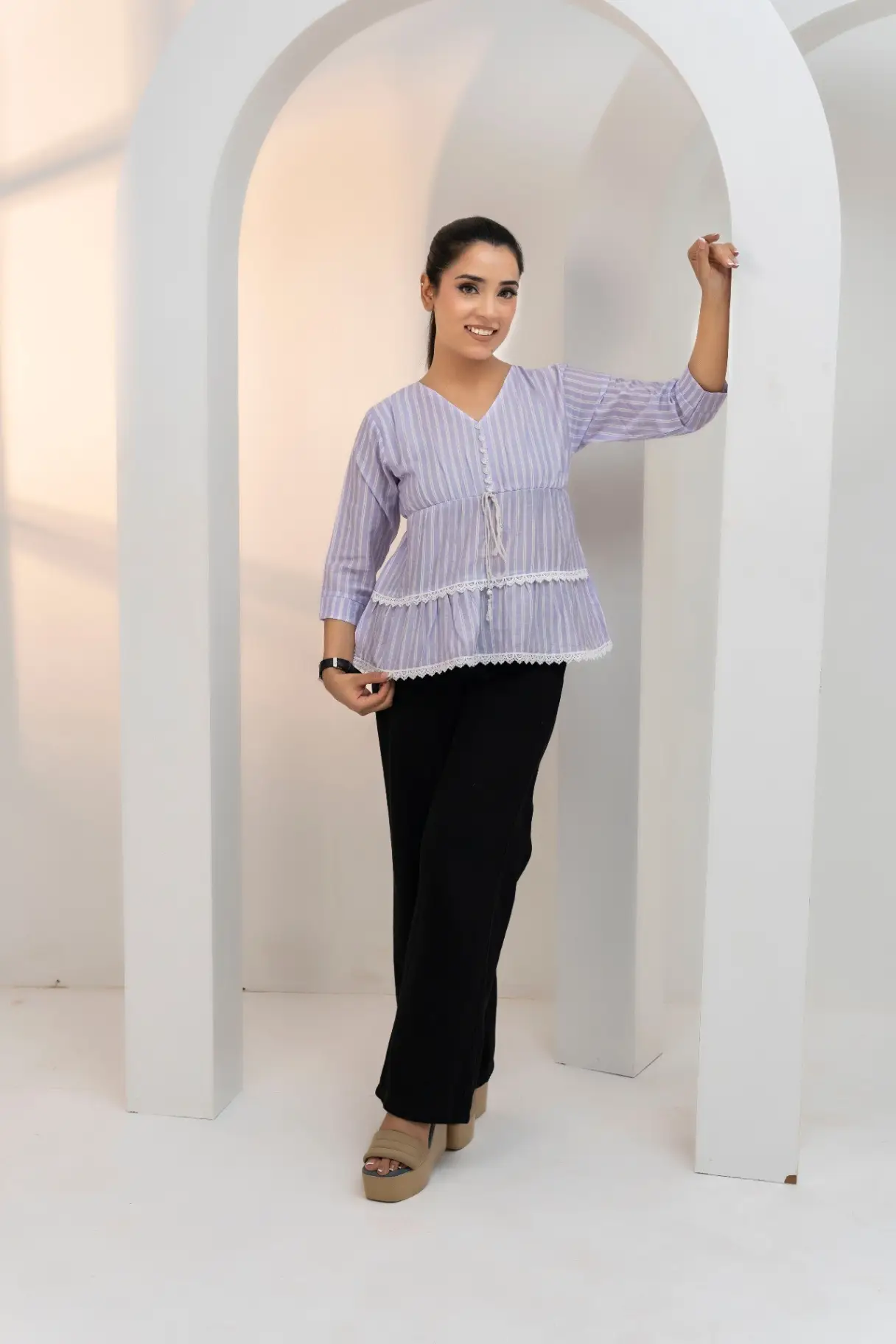 Lavender Striped Tiered Lace Peplum Top