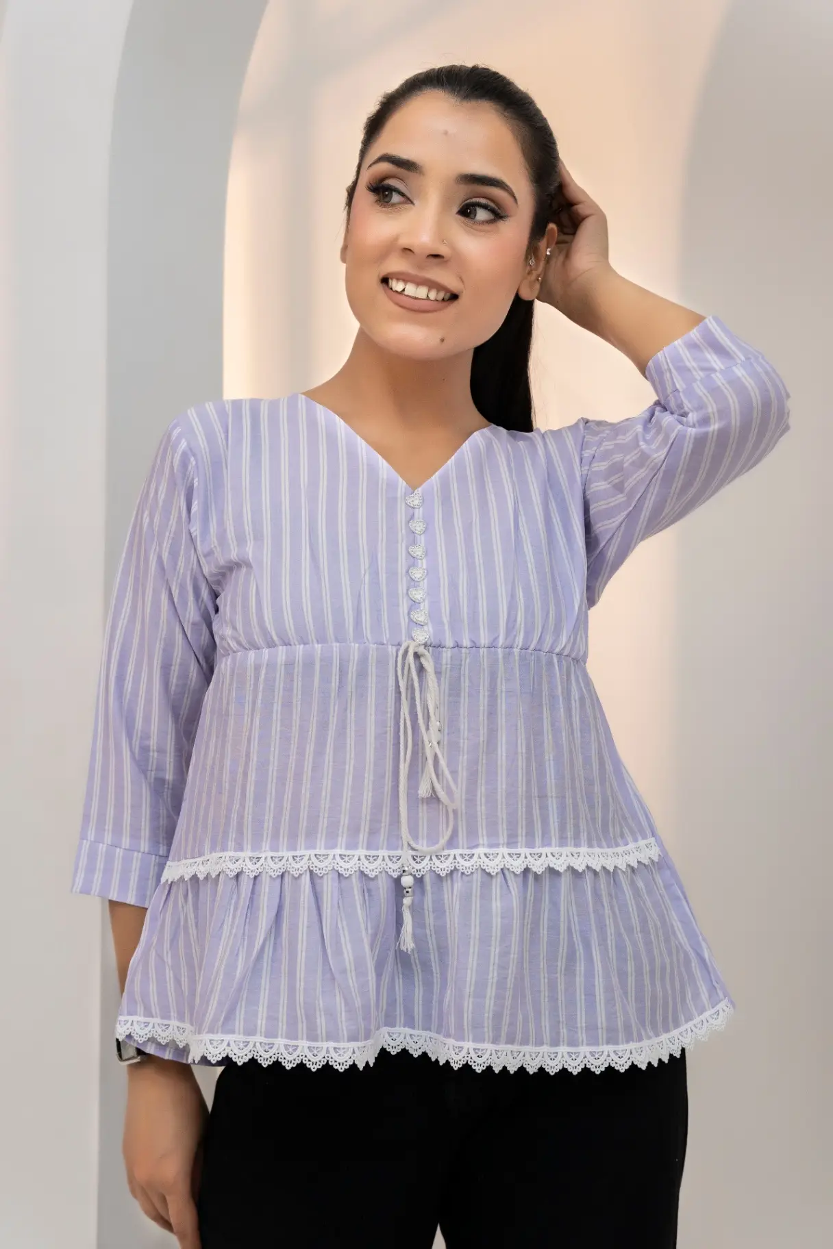 Lavender Striped Tiered Lace Peplum Top view 2