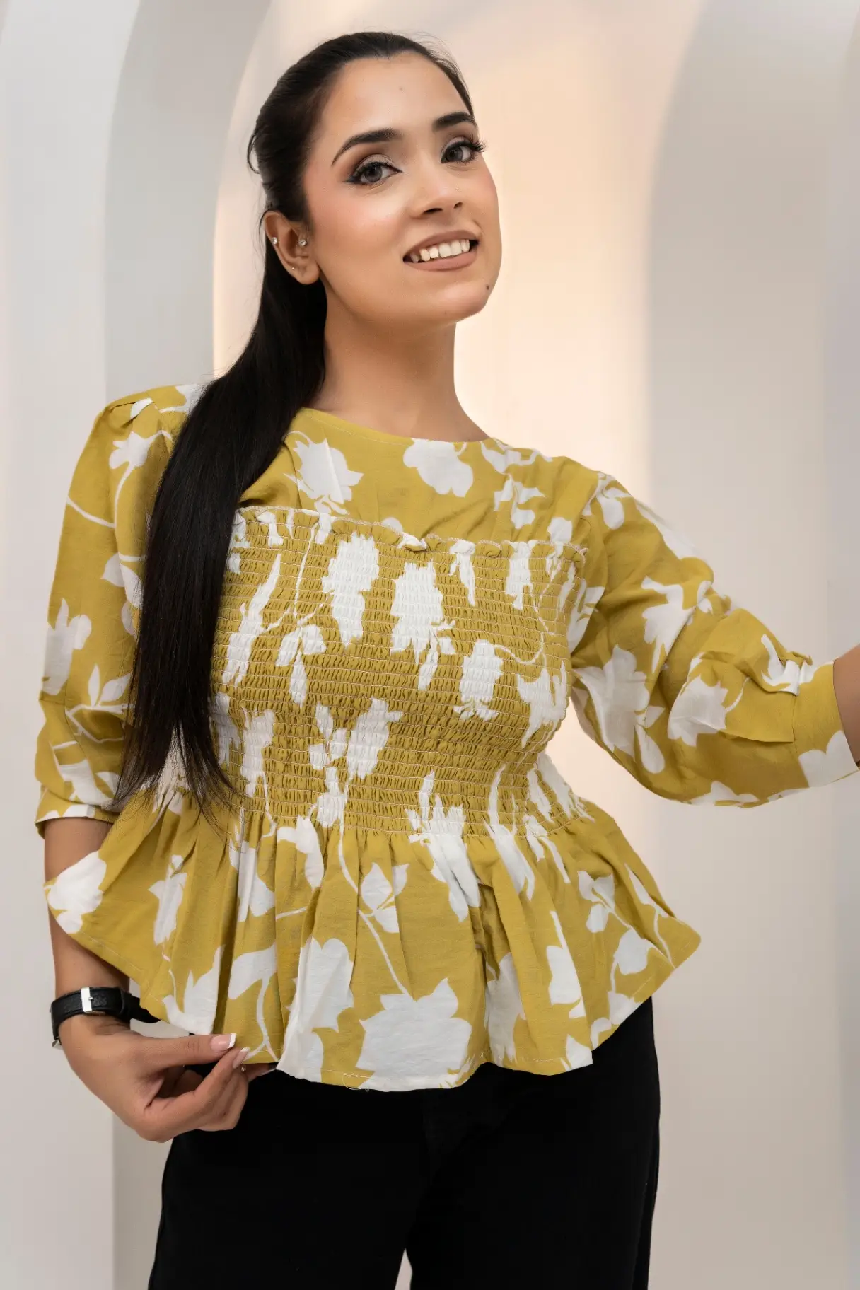 Mustard Yellow Floral Smocked Peplum Top view 2