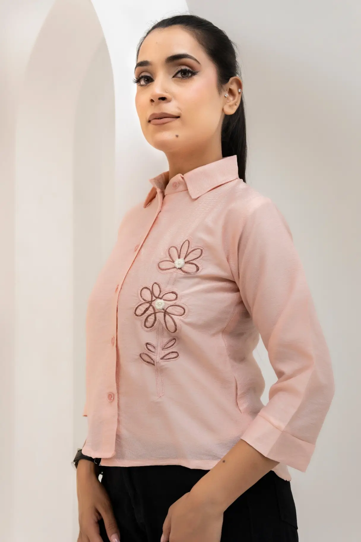 Women’s Soft Pink Button-Down Textured Top with Three-Quarter Sleeves view 2