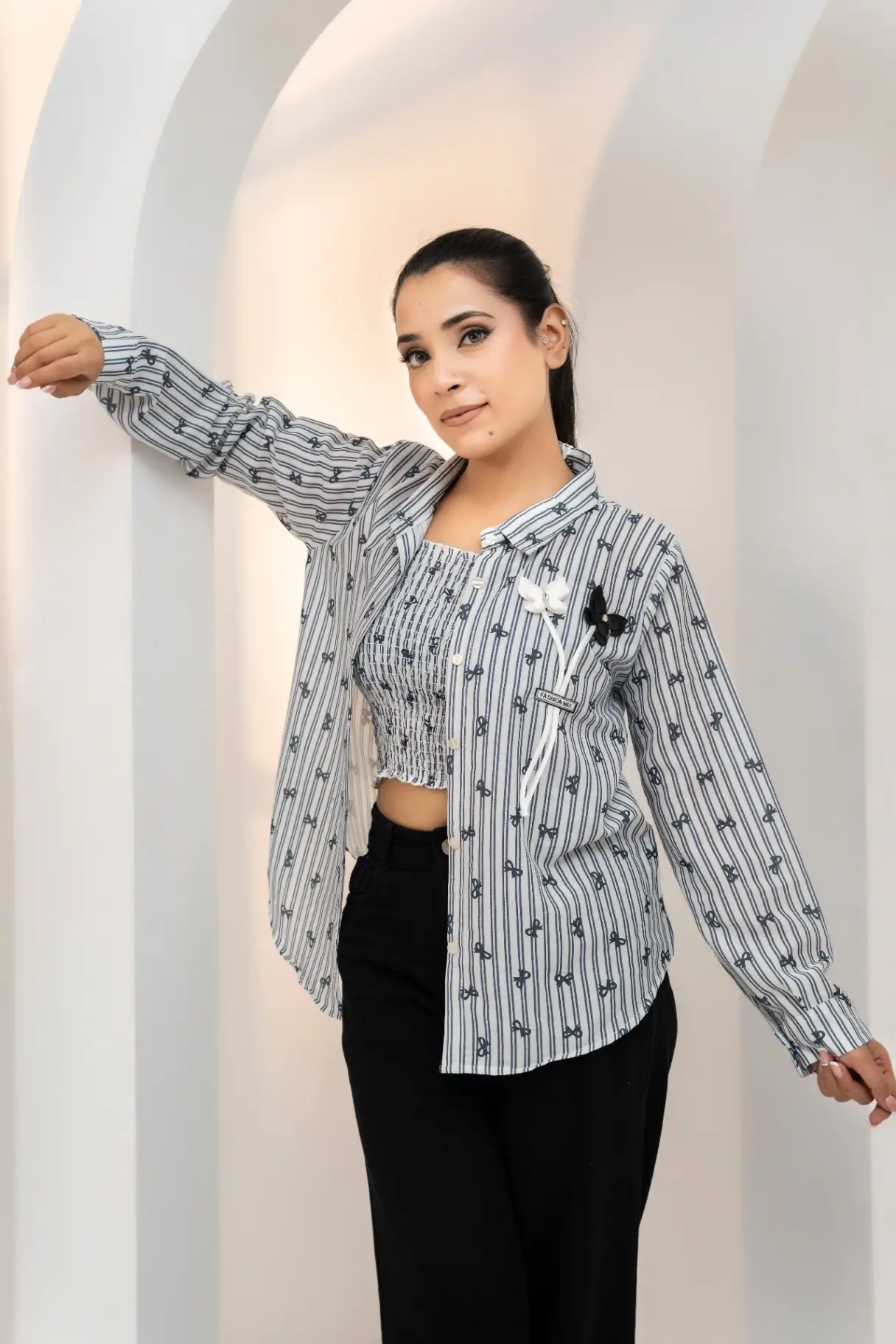 Monochrome Bow Print Smocked Tube Top & Shirt Set view 2