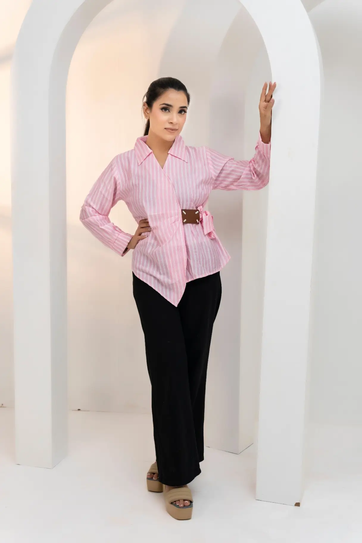 Women’s Pink and White Striped Long-Sleeve Shirt with Buckle Detail