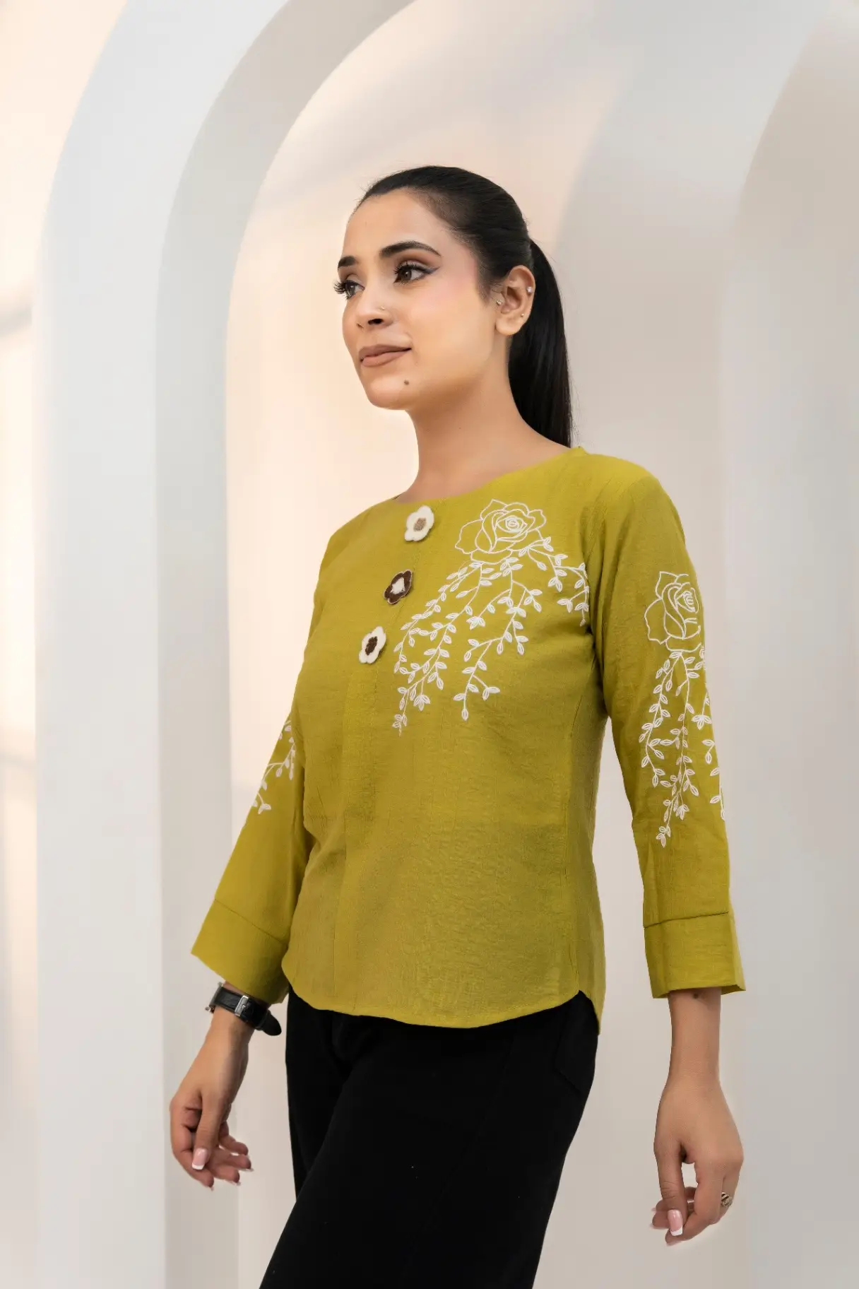 Olive Mustard Slub Floral Embroidered Tunic Top view 2