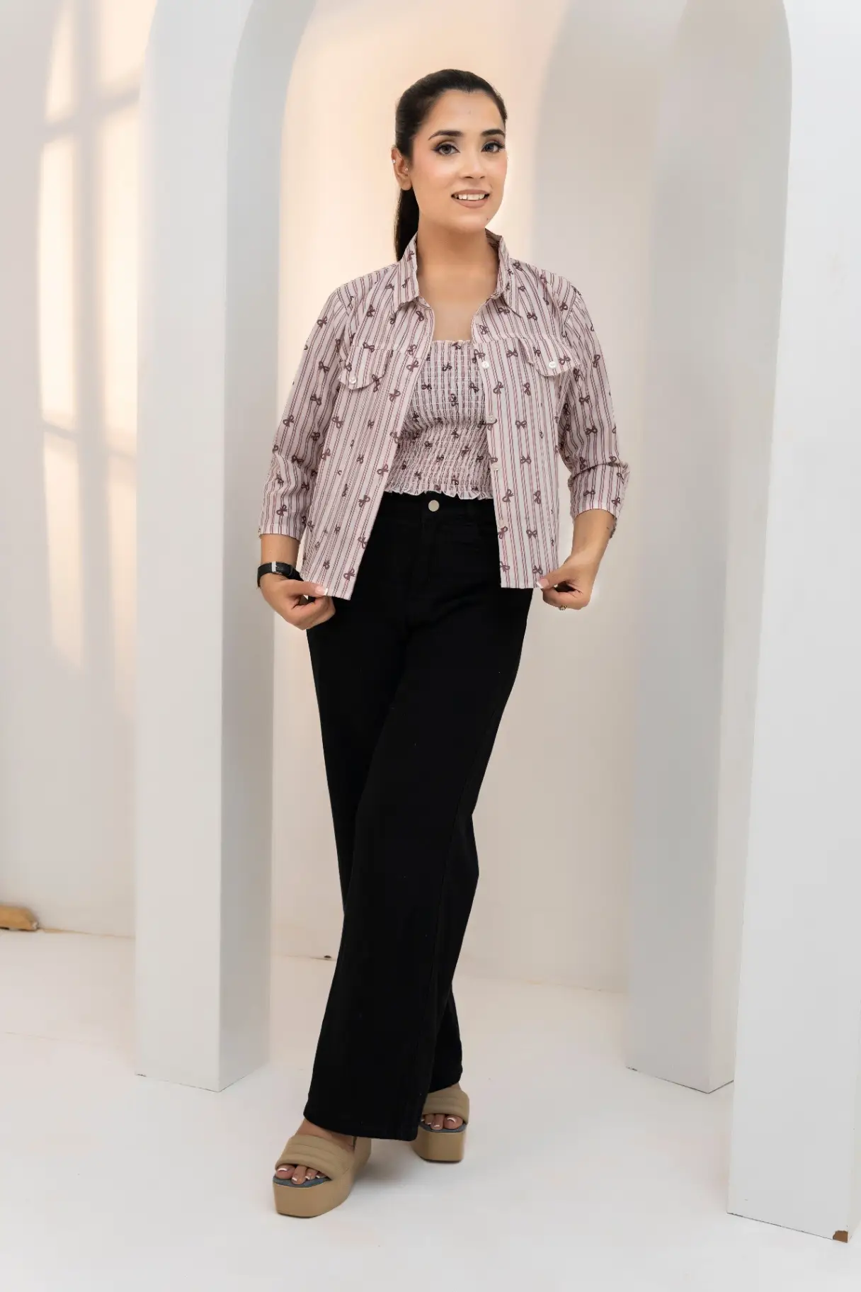 Blush Pink Bow Print Smocked Tube Top & Shirt Set