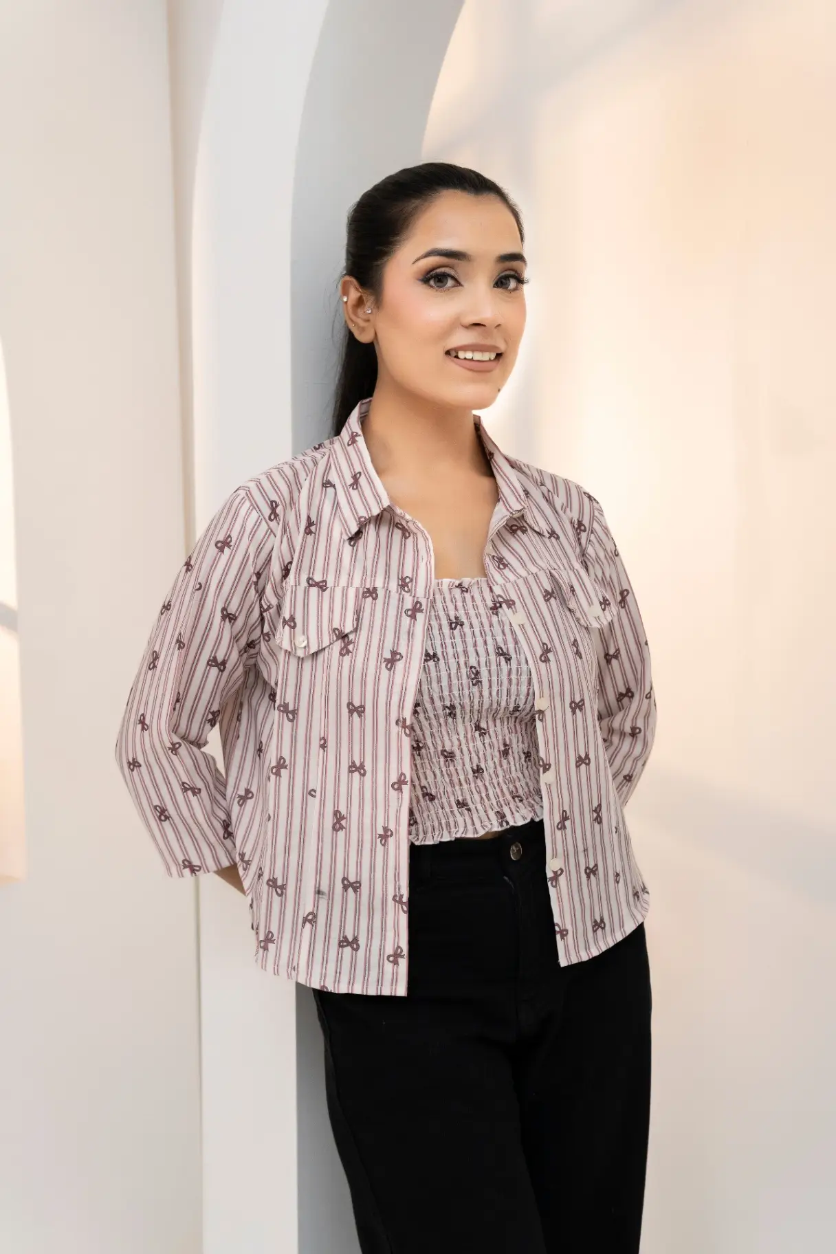 Blush Pink Bow Print Smocked Tube Top & Shirt Set view 2