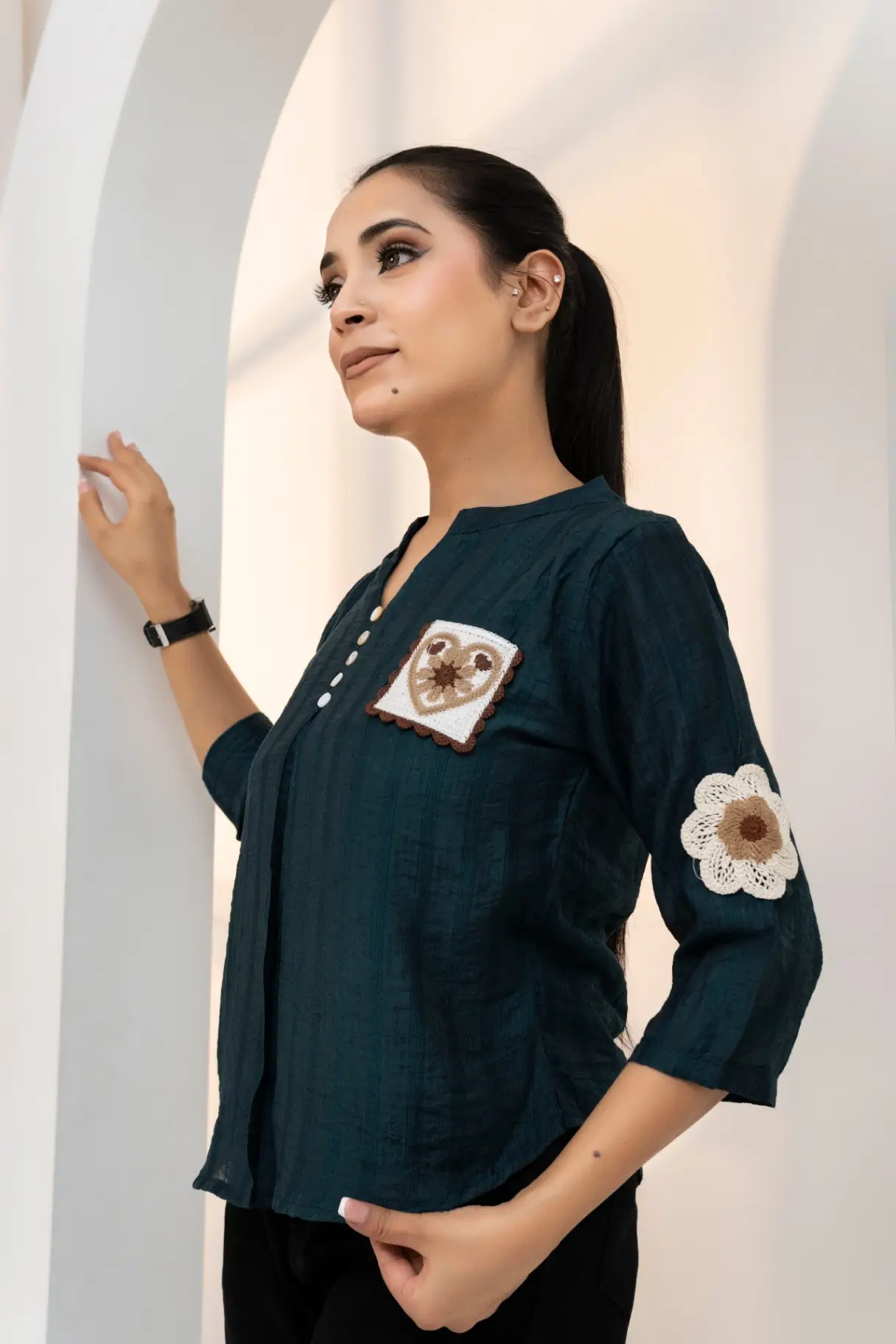 Deep Teal Crinkle Top with Crochet Lace Appliques view 2