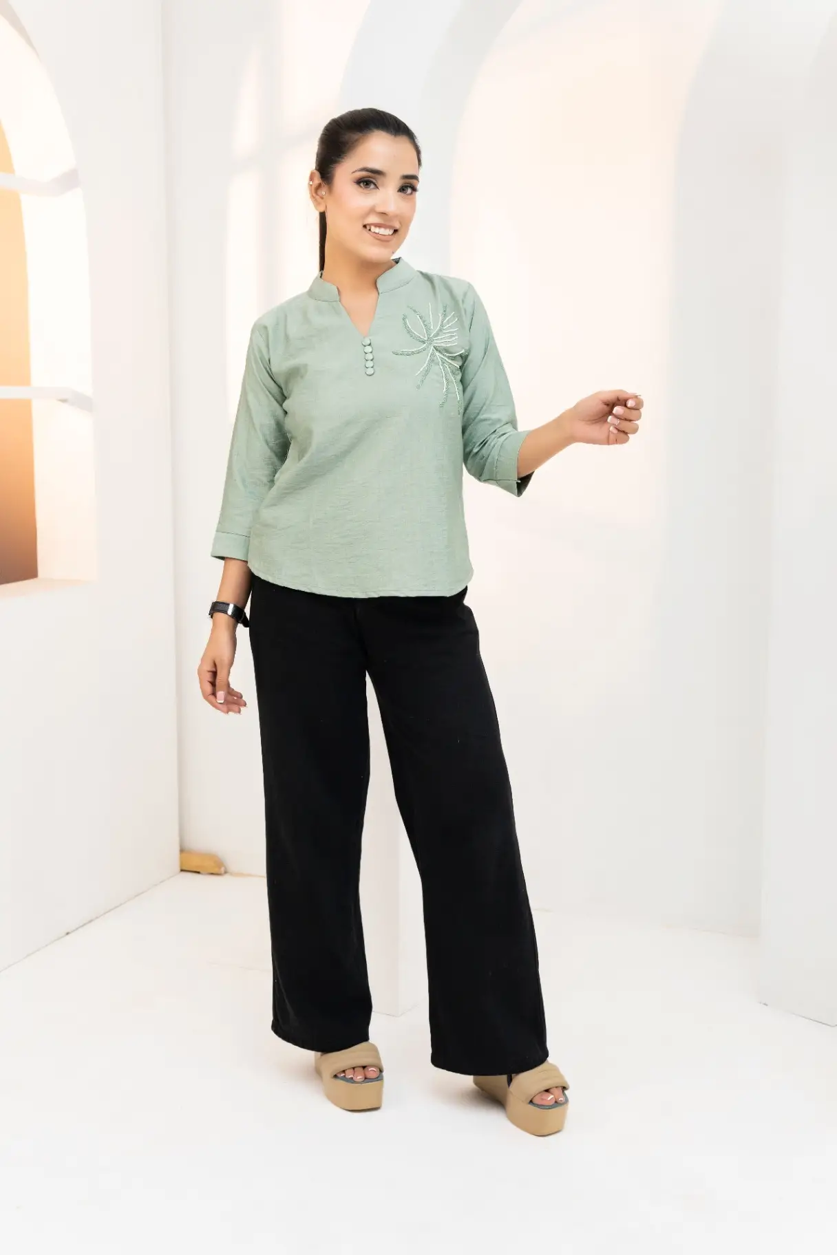 Sage Green Slub Tunic Top with Silver Beaded Palm