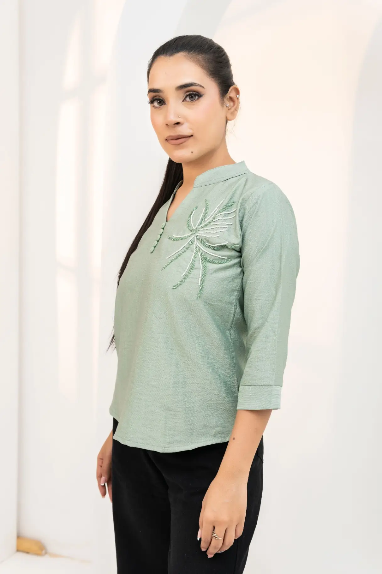 Sage Green Slub Tunic Top with Silver Beaded Palm view 2