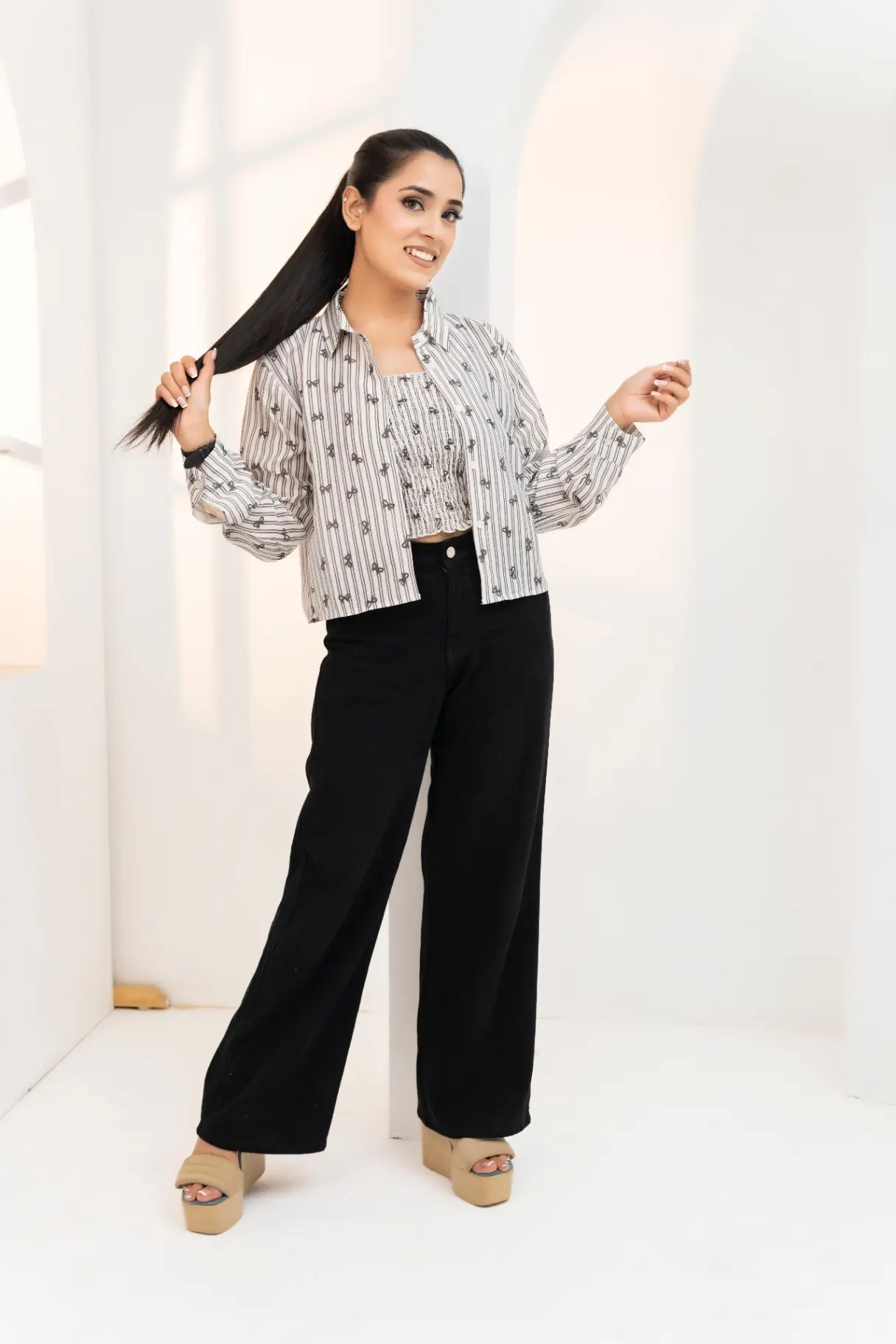 Monochrome Bow Print Smocked Tube Top & Cropped Shirt Set