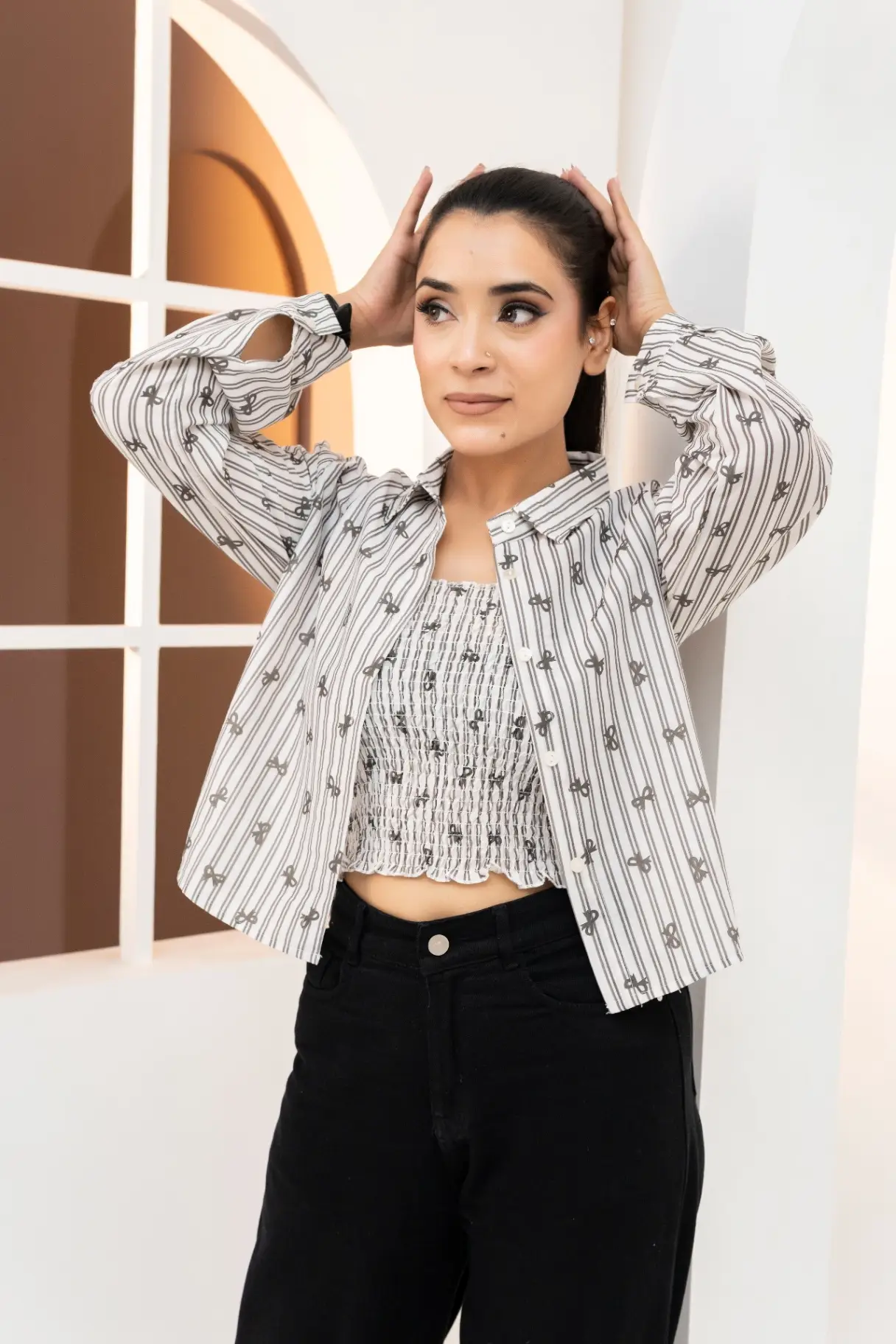 Monochrome Bow Print Smocked Tube Top & Cropped Shirt Set view 2