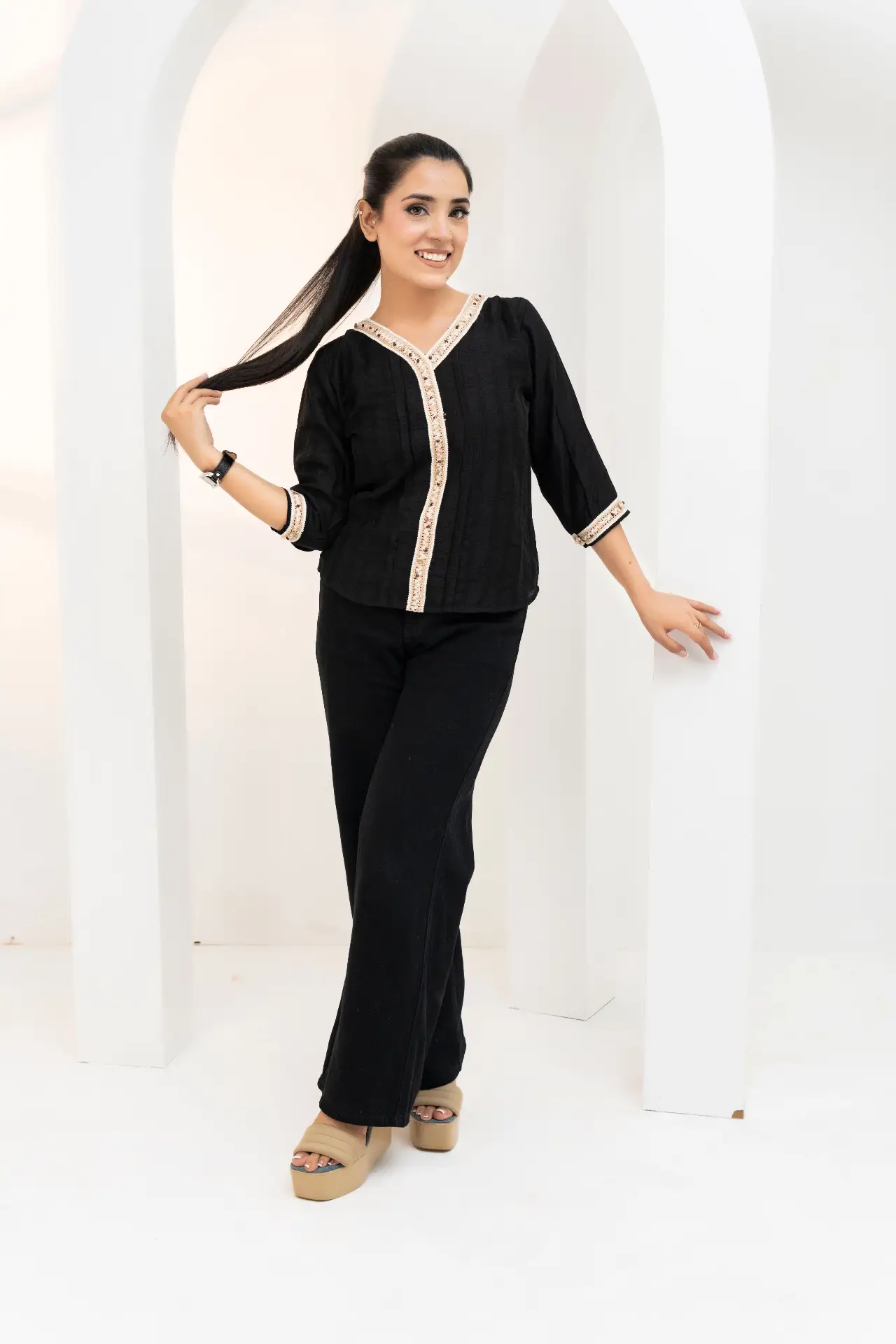 Onyx Black Crinkle Top with Embroidered Lace Trim