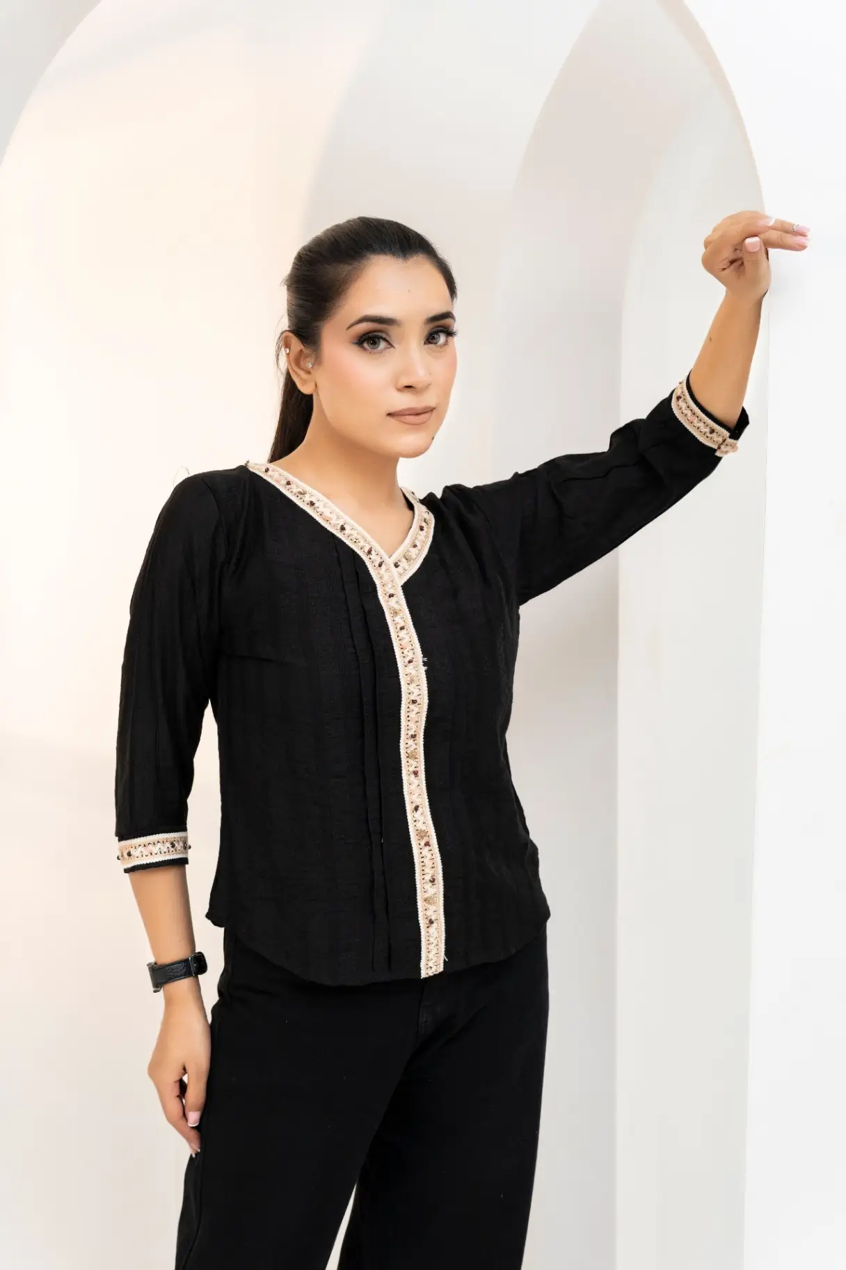 Onyx Black Crinkle Top with Embroidered Lace Trim view 2
