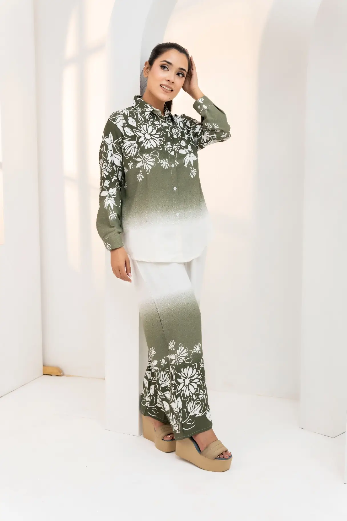 Olive Green Ombre Floral Print Co-Ord Set