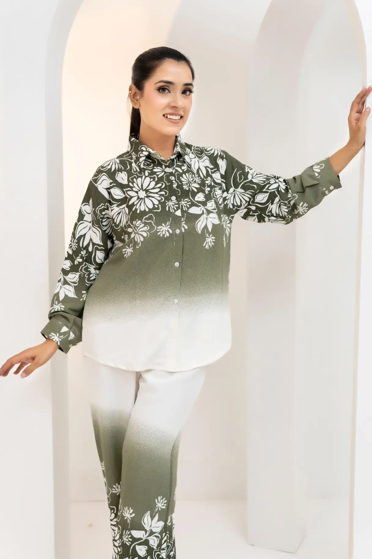 Olive Green Ombre Floral Print Co-Ord Set view 2
