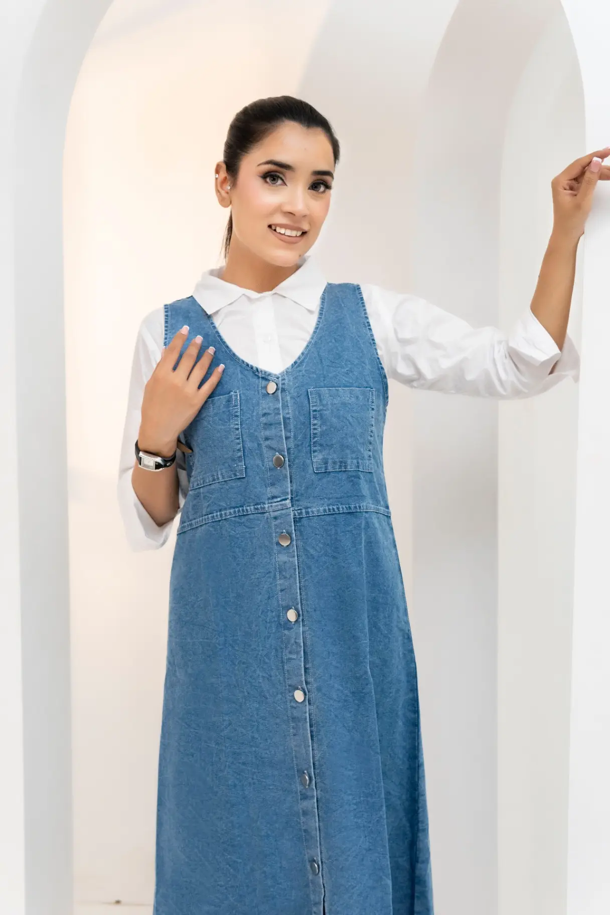 Classic Indigo Denim Button-Down Pinafore Midi Dress view 2