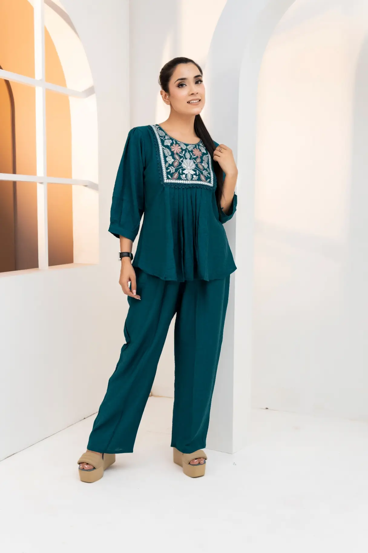 Deep Teal Embroidered Peplum Co-Ord Set