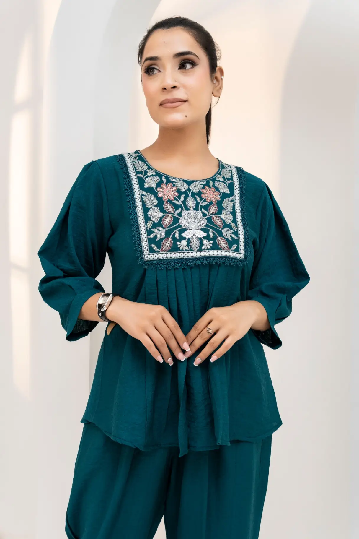 Deep Teal Embroidered Peplum Co-Ord Set view 2