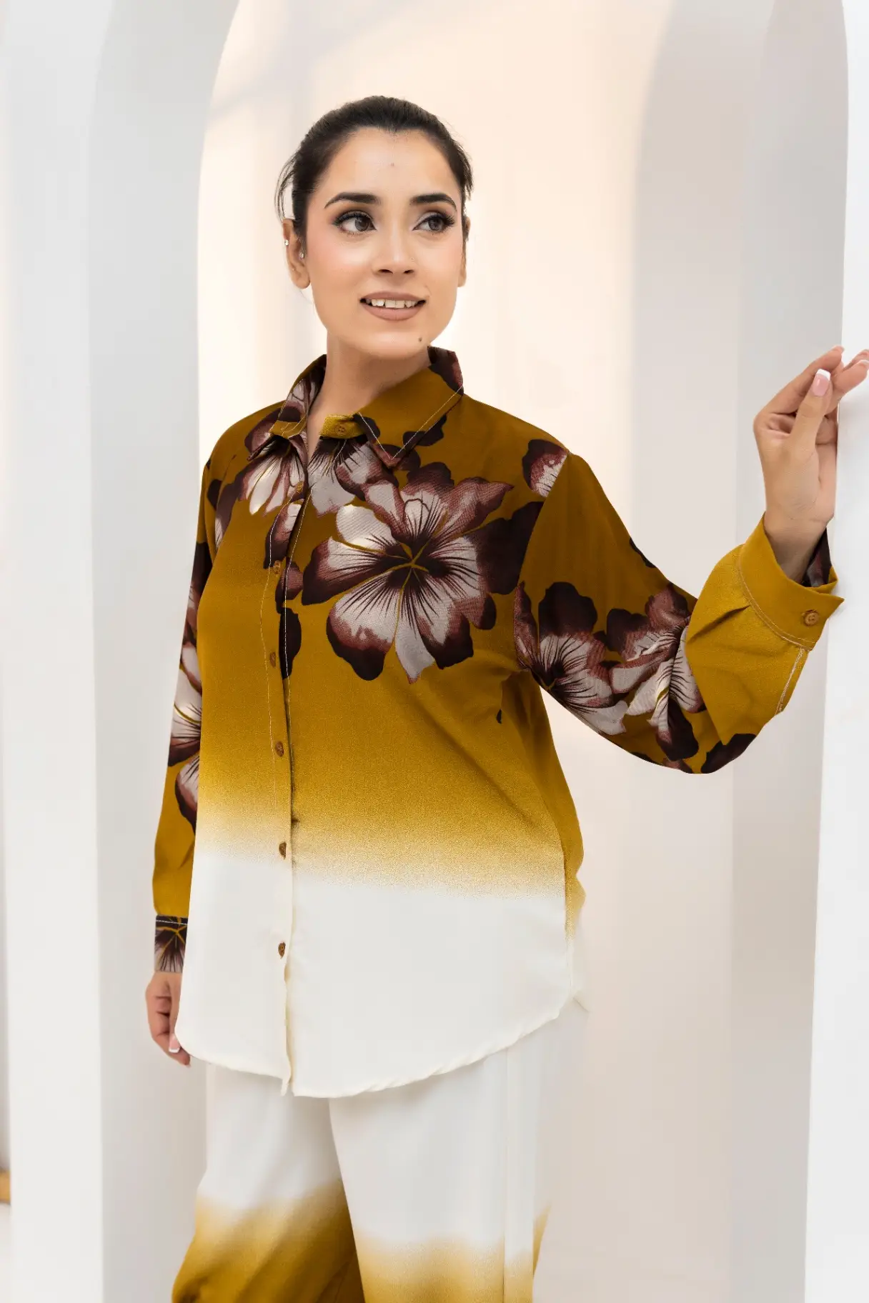 Ochre Brown Ombre Hibiscus Print Co-Ord Set view 2