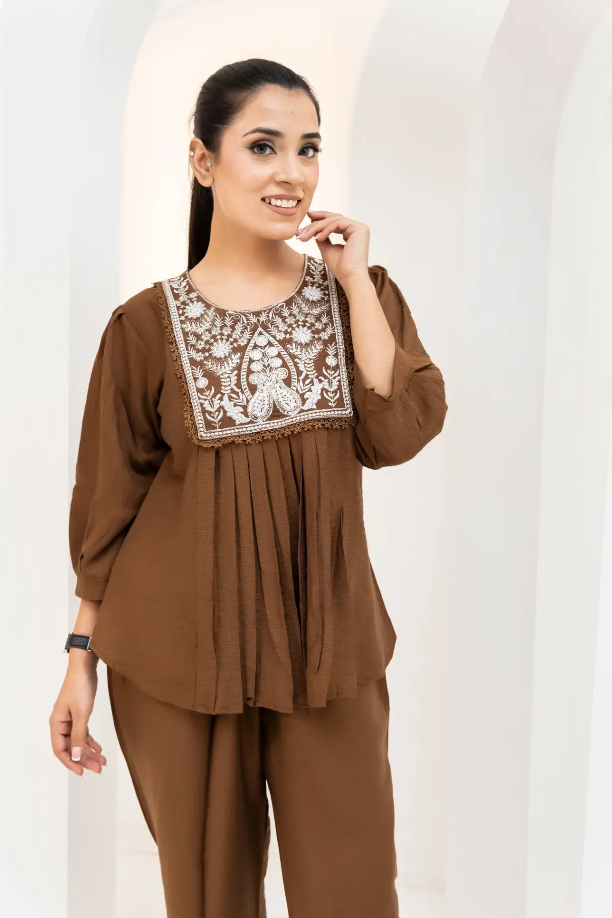 Coffee Brown Embroidered Peplum Co-Ord Set view 2