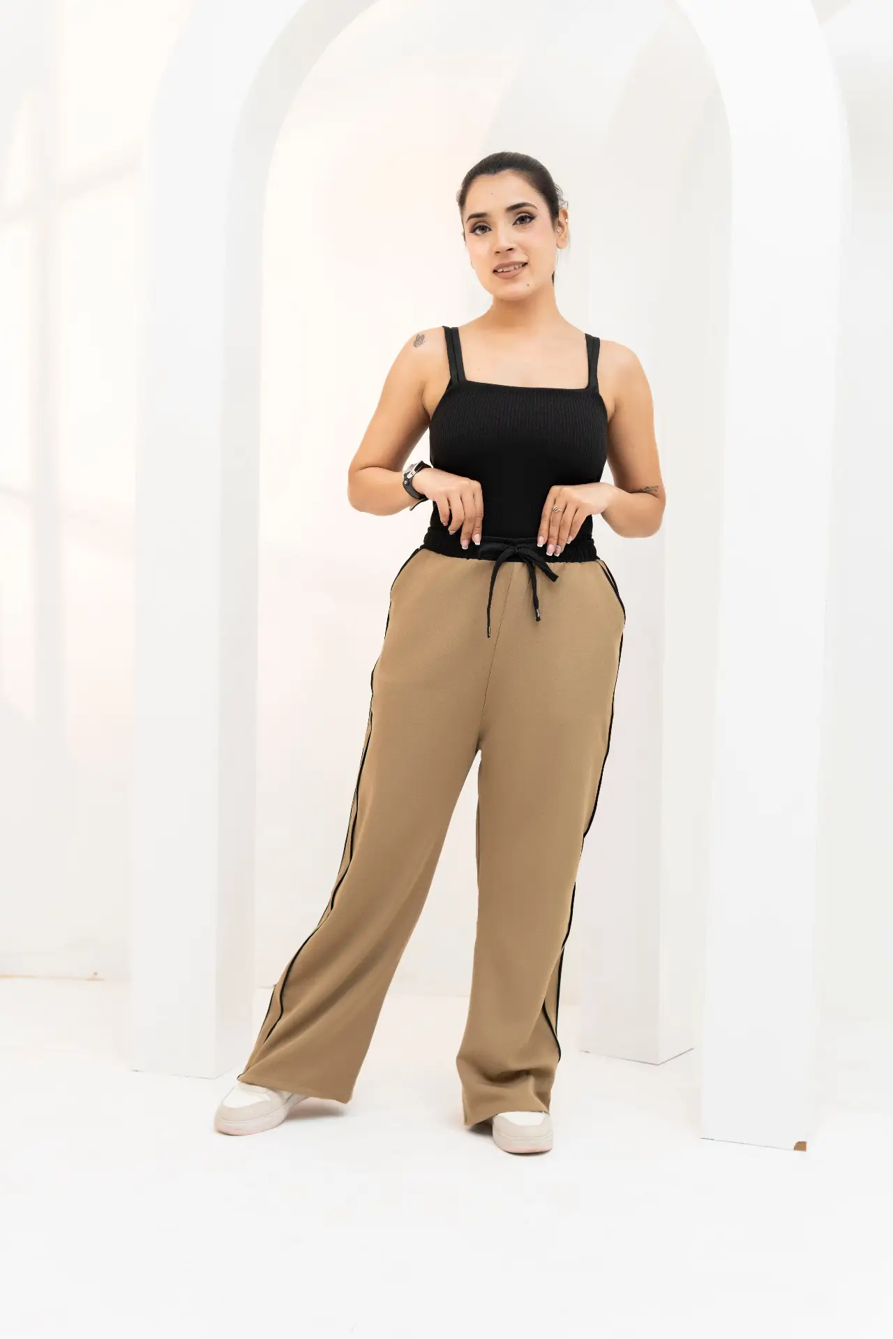 haki Wide-Leg Track Trousers with Contrast Side Piping