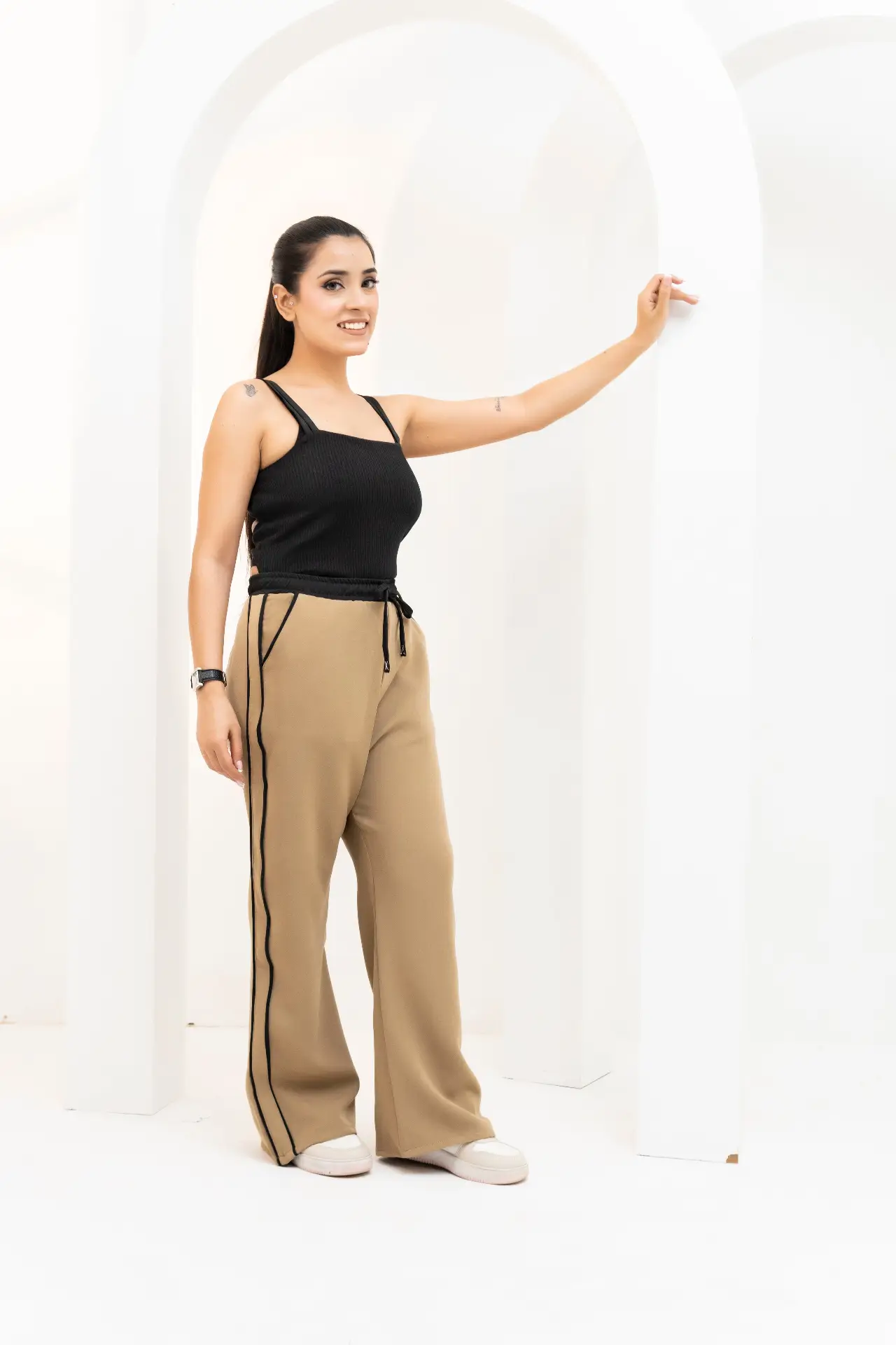 haki Wide-Leg Track Trousers with Contrast Side Piping view 2
