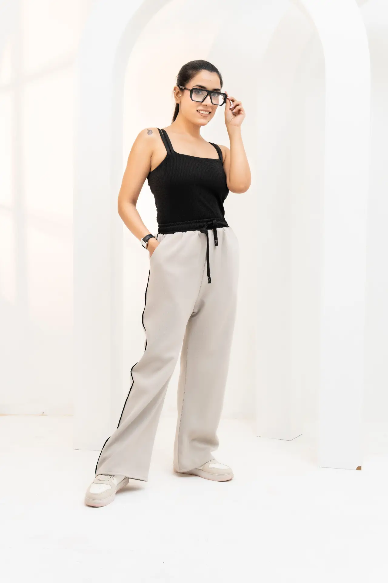 Light Grey Wide-Leg Track Trousers with Black Side Piping