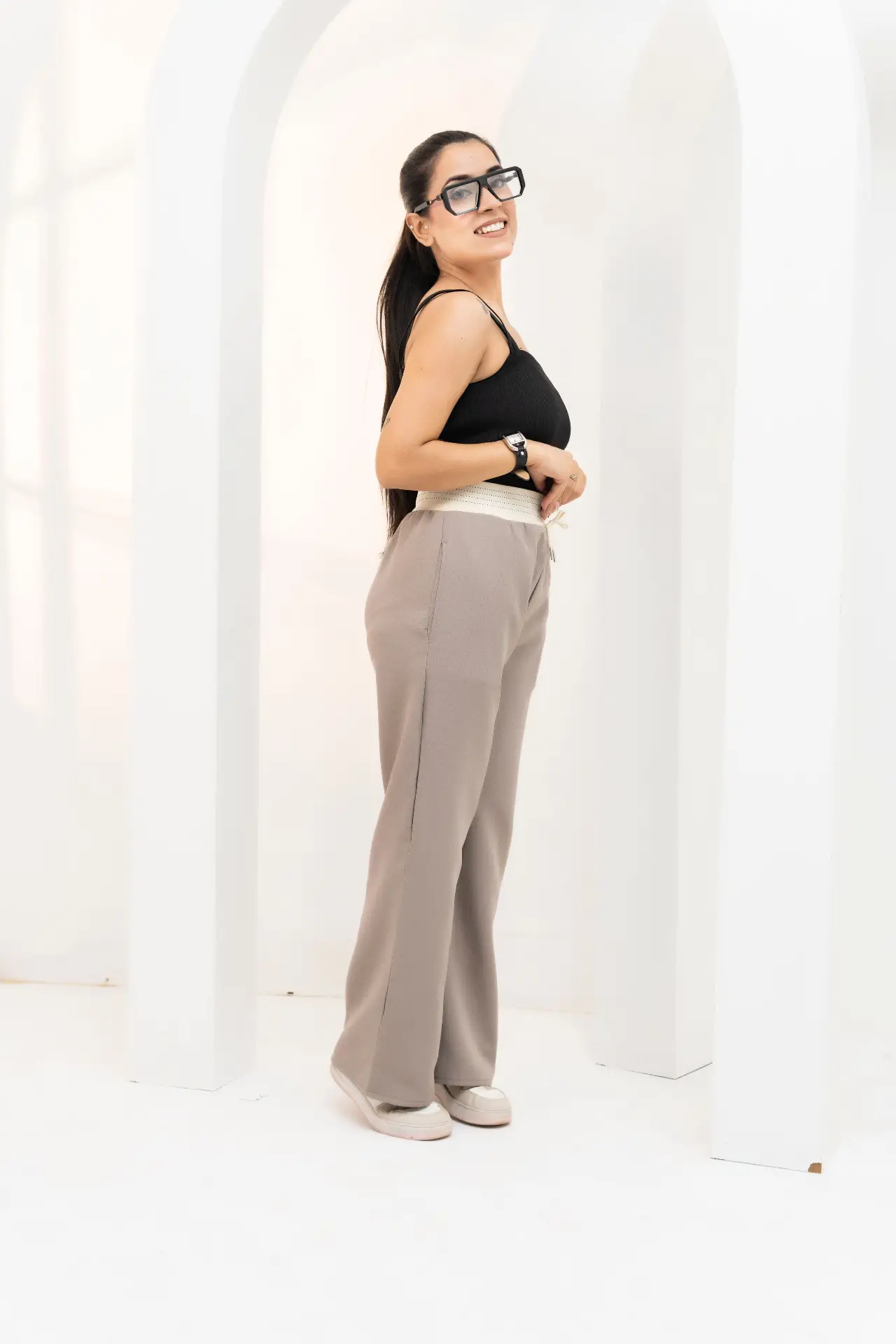 Taupe Wide-Leg Trousers with Logo-Detailed Waistband