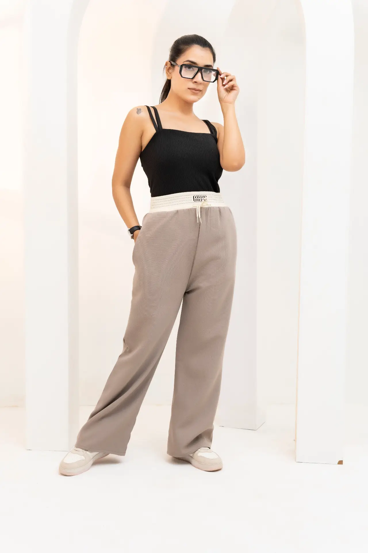 Taupe Wide-Leg Trousers with Logo-Detailed Waistband view 2