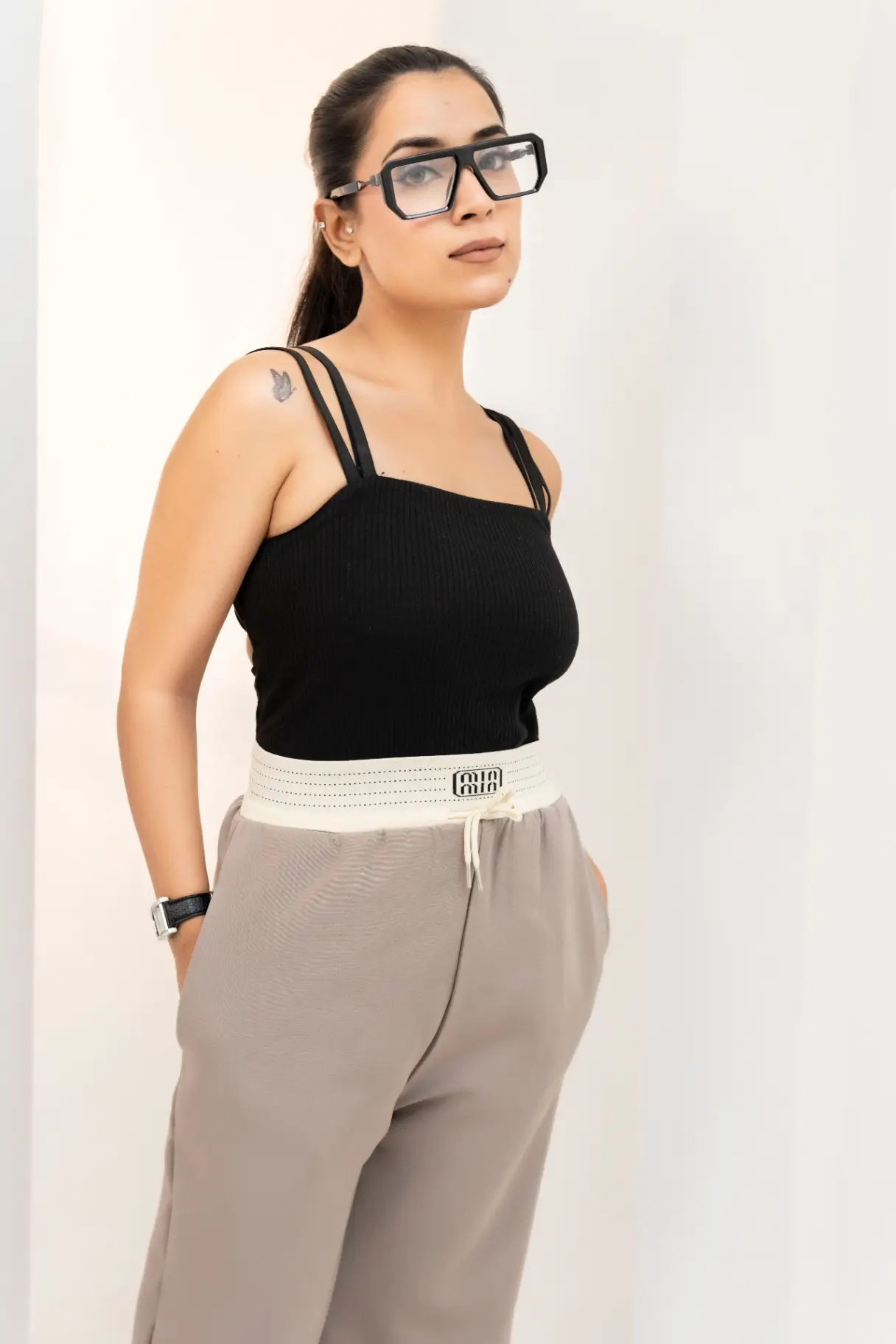 Taupe Wide-Leg Trousers with Logo-Detailed Waistband view 3