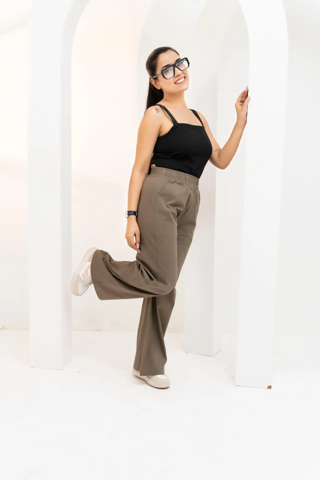 Olive Khaki Wide-Leg Cotton Trousers