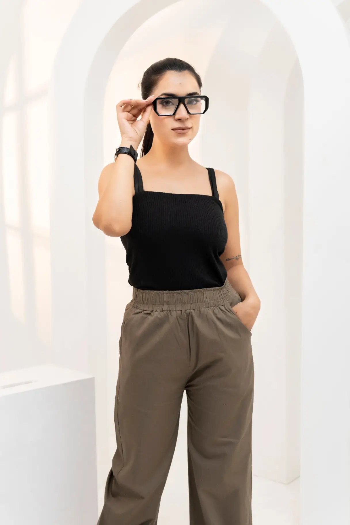 Olive Khaki Wide-Leg Cotton Trousers view 3