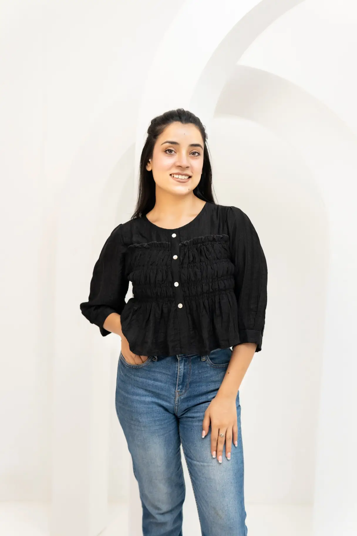 Onyx Black Smocked Peplum Crop Top