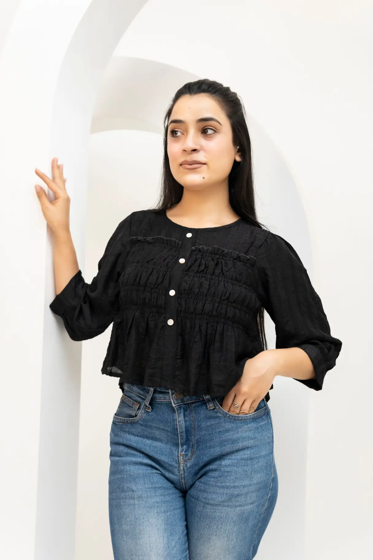Onyx Black Smocked Peplum Crop Top view 2