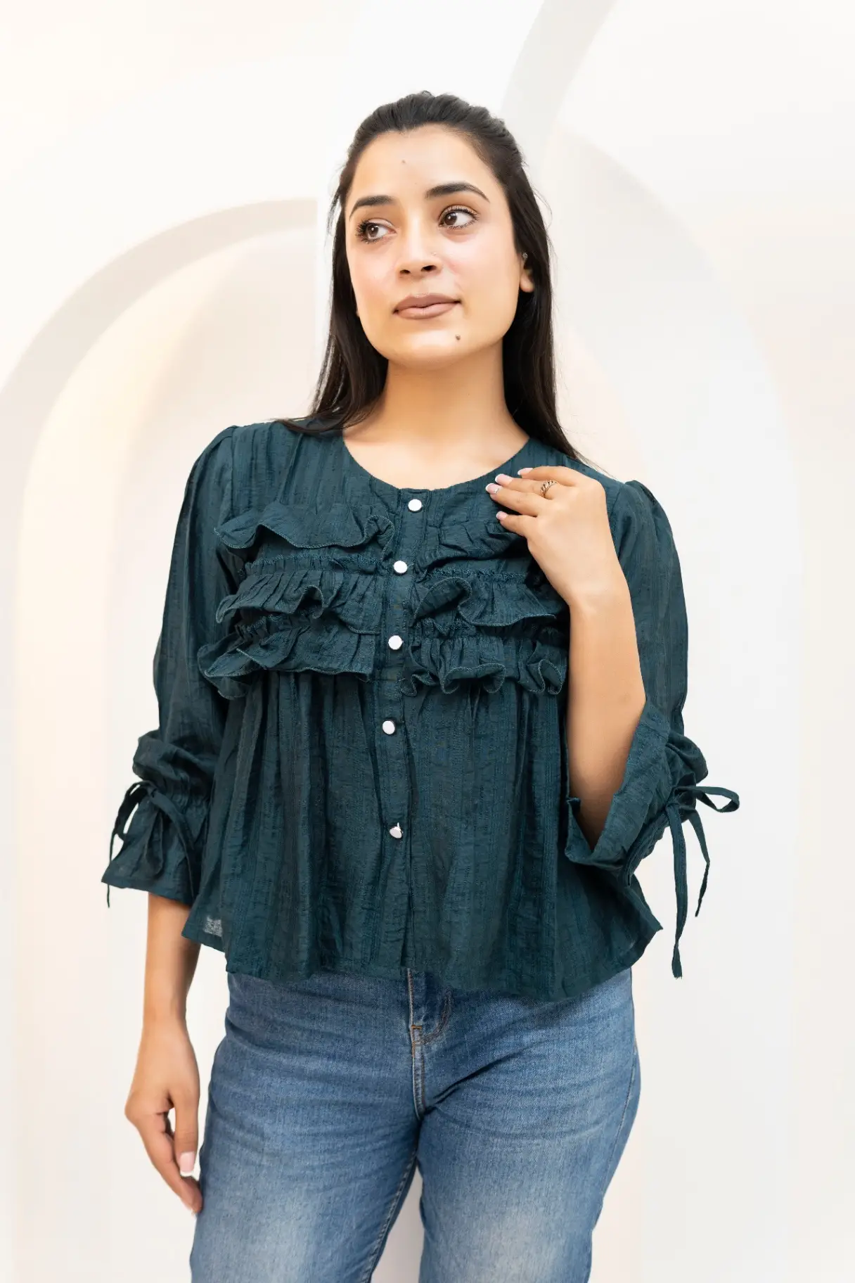 Deep Teal Crinkle Ruffle Peplum Top view 2