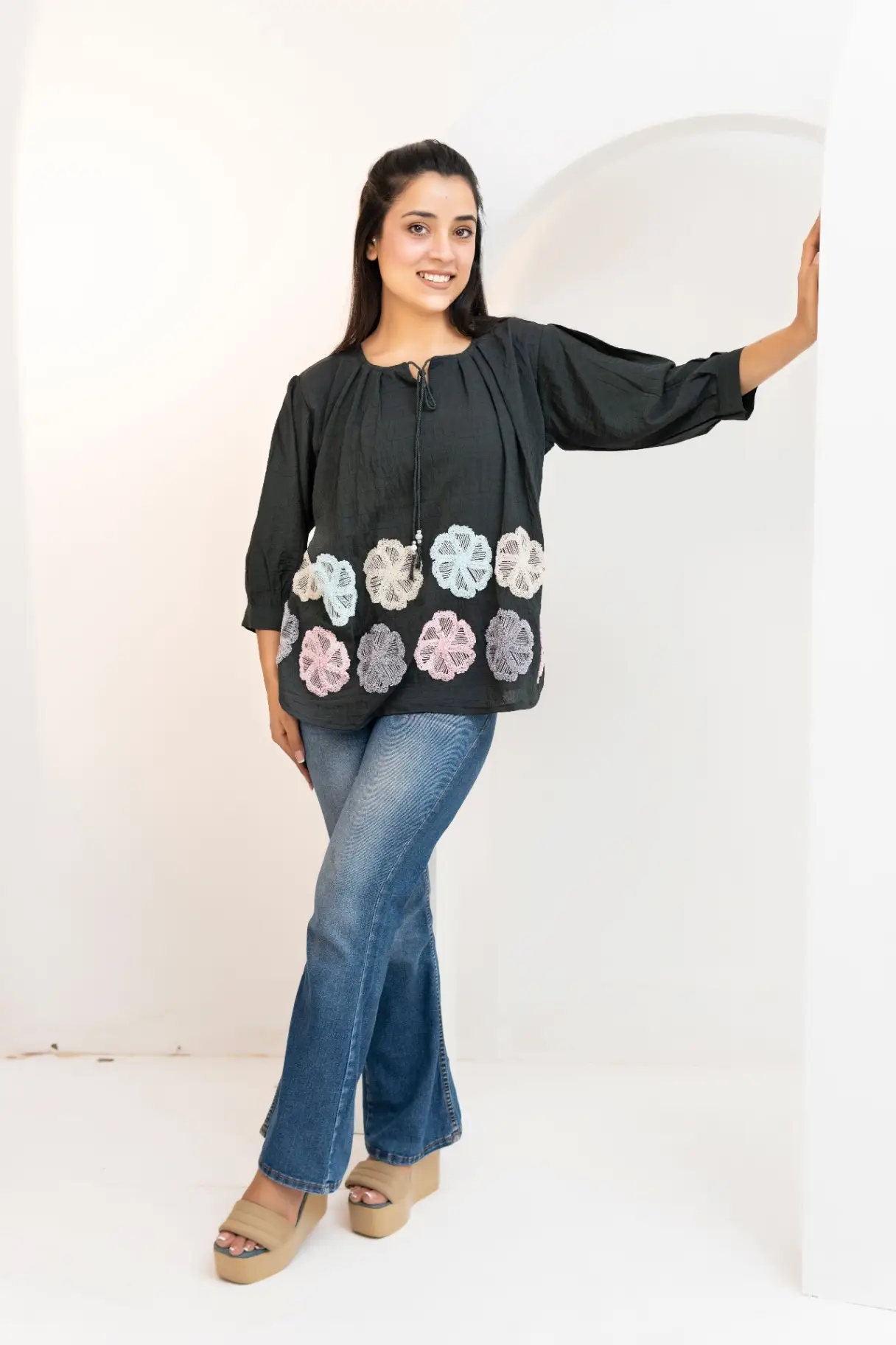 Onyx Black Cotton Tunic Top with Pastel Floral Appliques