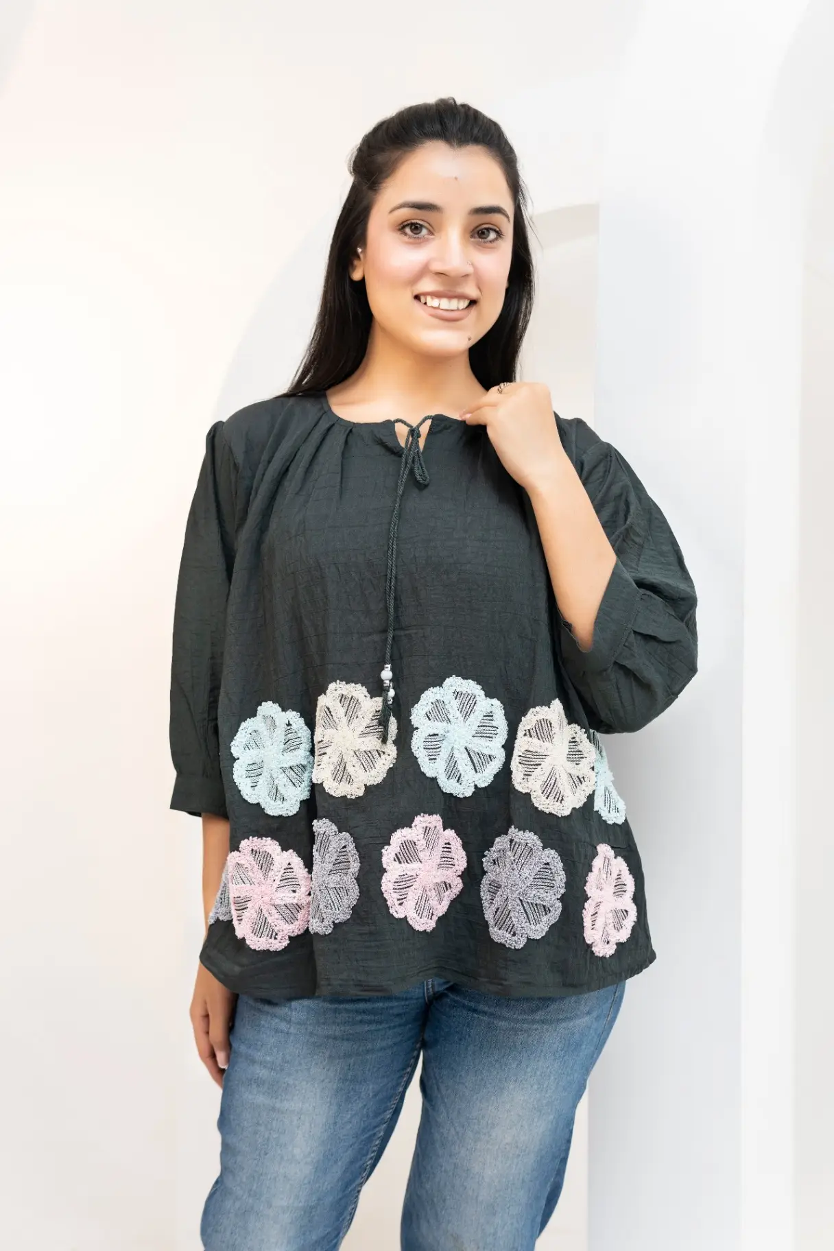 Onyx Black Cotton Tunic Top with Pastel Floral Appliques view 2