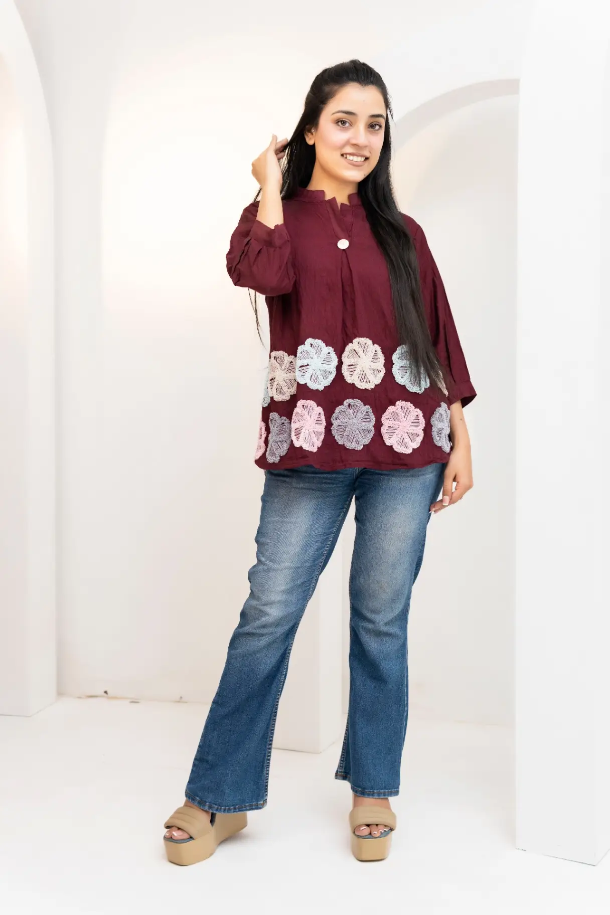 Wine Maroon Mandarin Collar Tunic Top with Pastel Floral Appliques